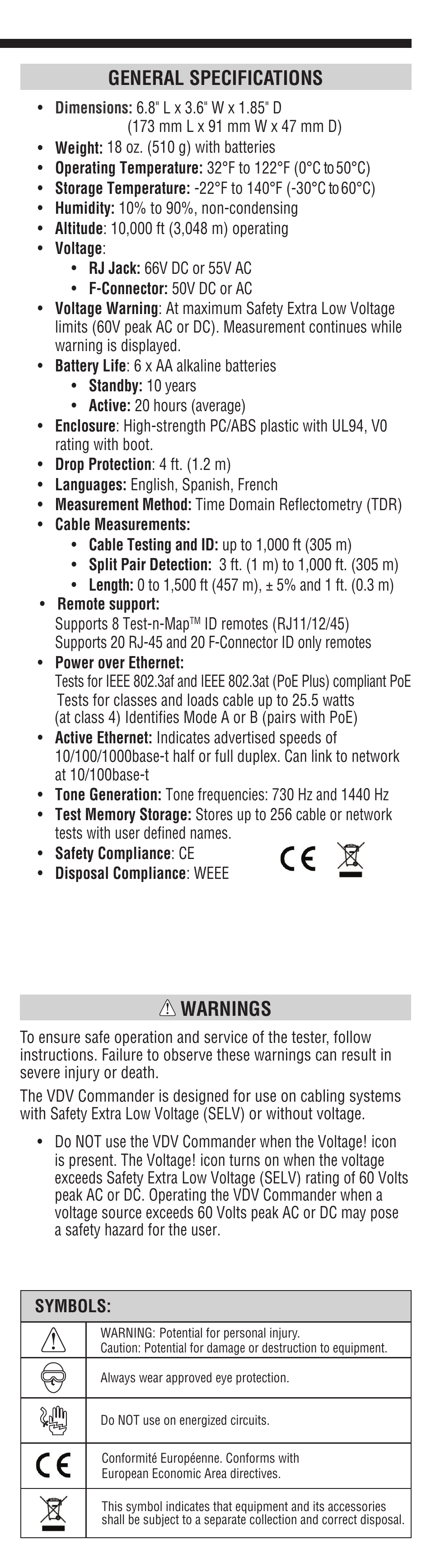 General specifications, Warnings | Klein Tools VDV501828 User Manual | Page 3 / 12