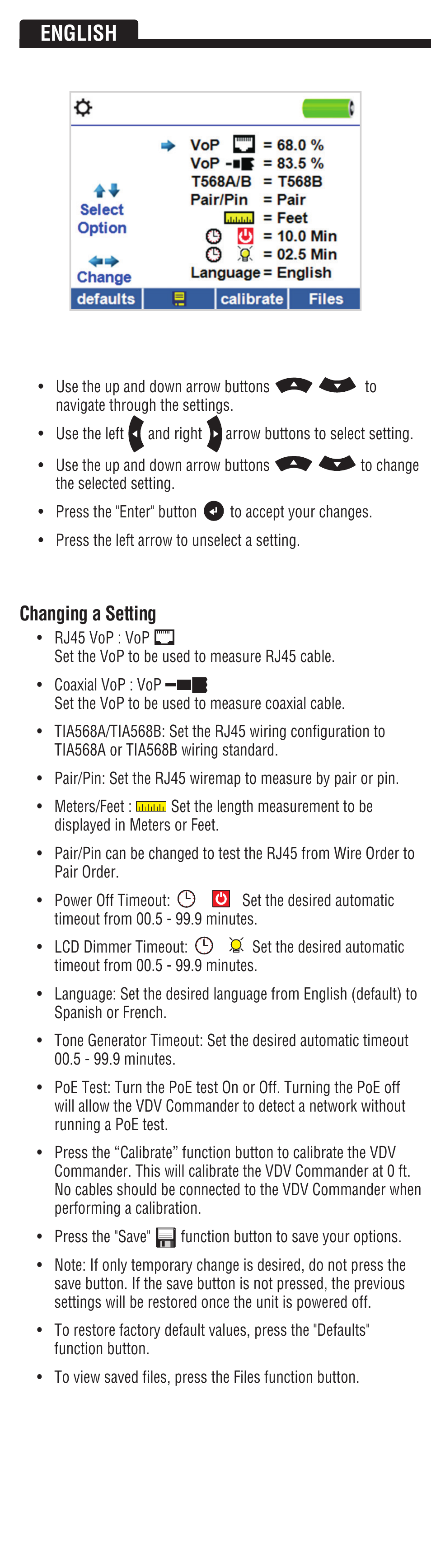 English, Changing a setting | Klein Tools VDV501828 User Manual | Page 6 / 12