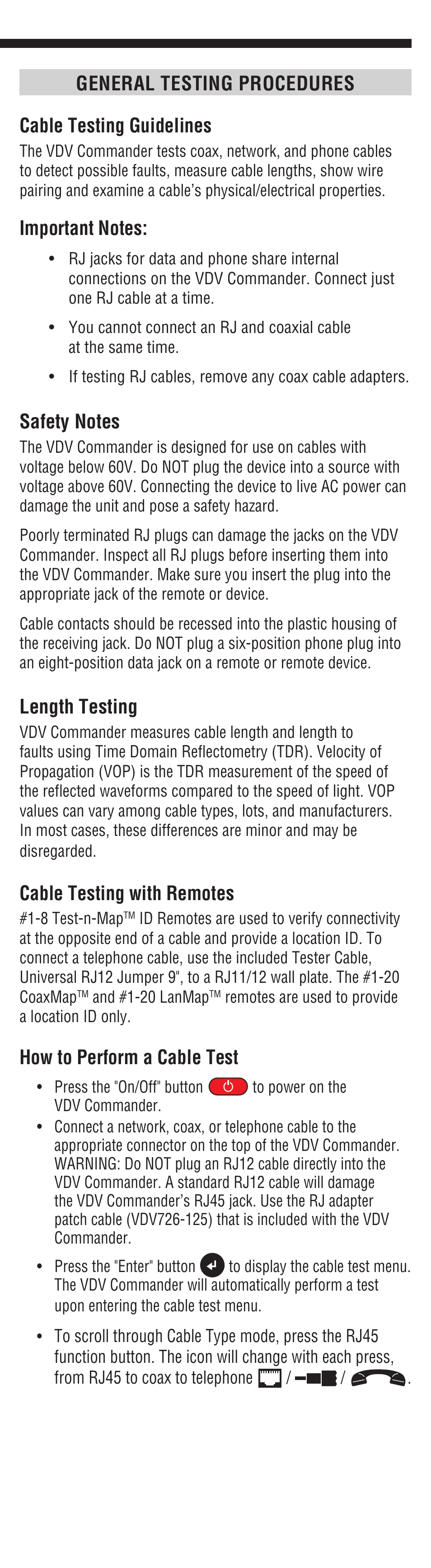 Cable testing guidelines, Length testing, Cable testing with remotes | Klein Tools VDV501828 User Manual | Page 7 / 12