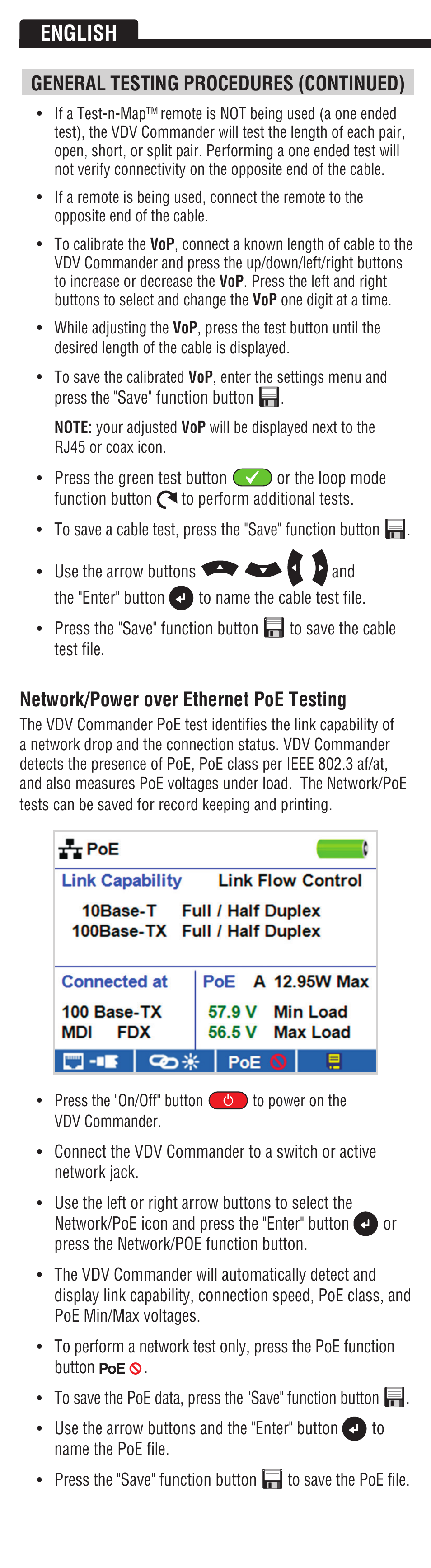 English, Network/power over ethernet poe testing, General testing procedures (continued) | Klein Tools VDV501828 User Manual | Page 8 / 12