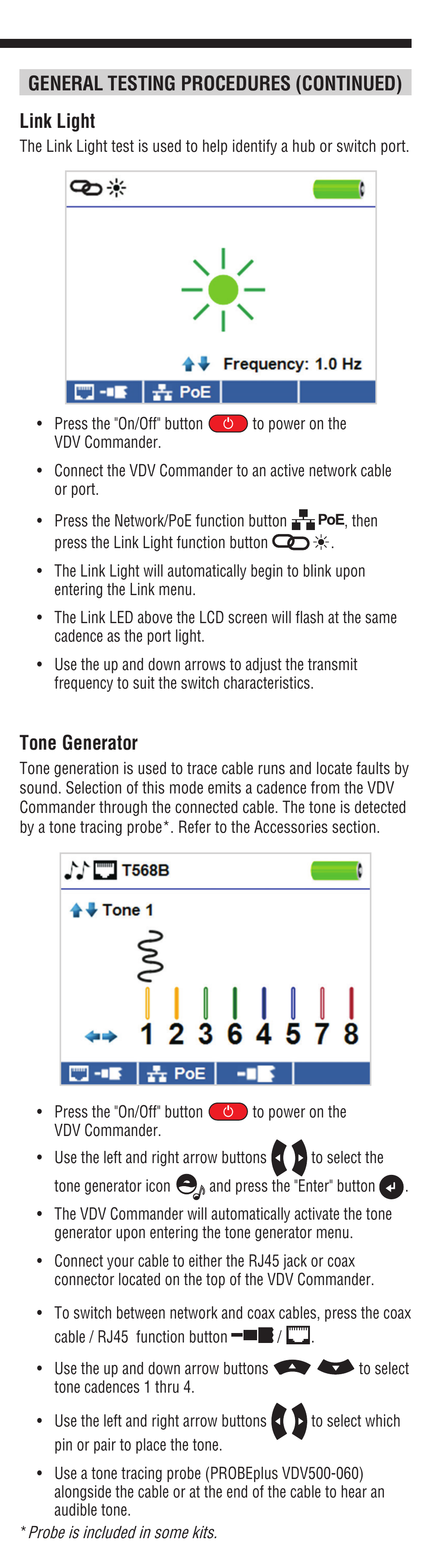 General testing procedures (continued) link light, Tone generator | Klein Tools VDV501828 User Manual | Page 9 / 12