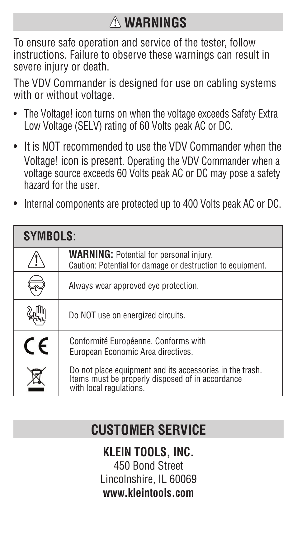 Customer service warnings | Klein Tools VDV501828 User Manual | Page 10 / 40
