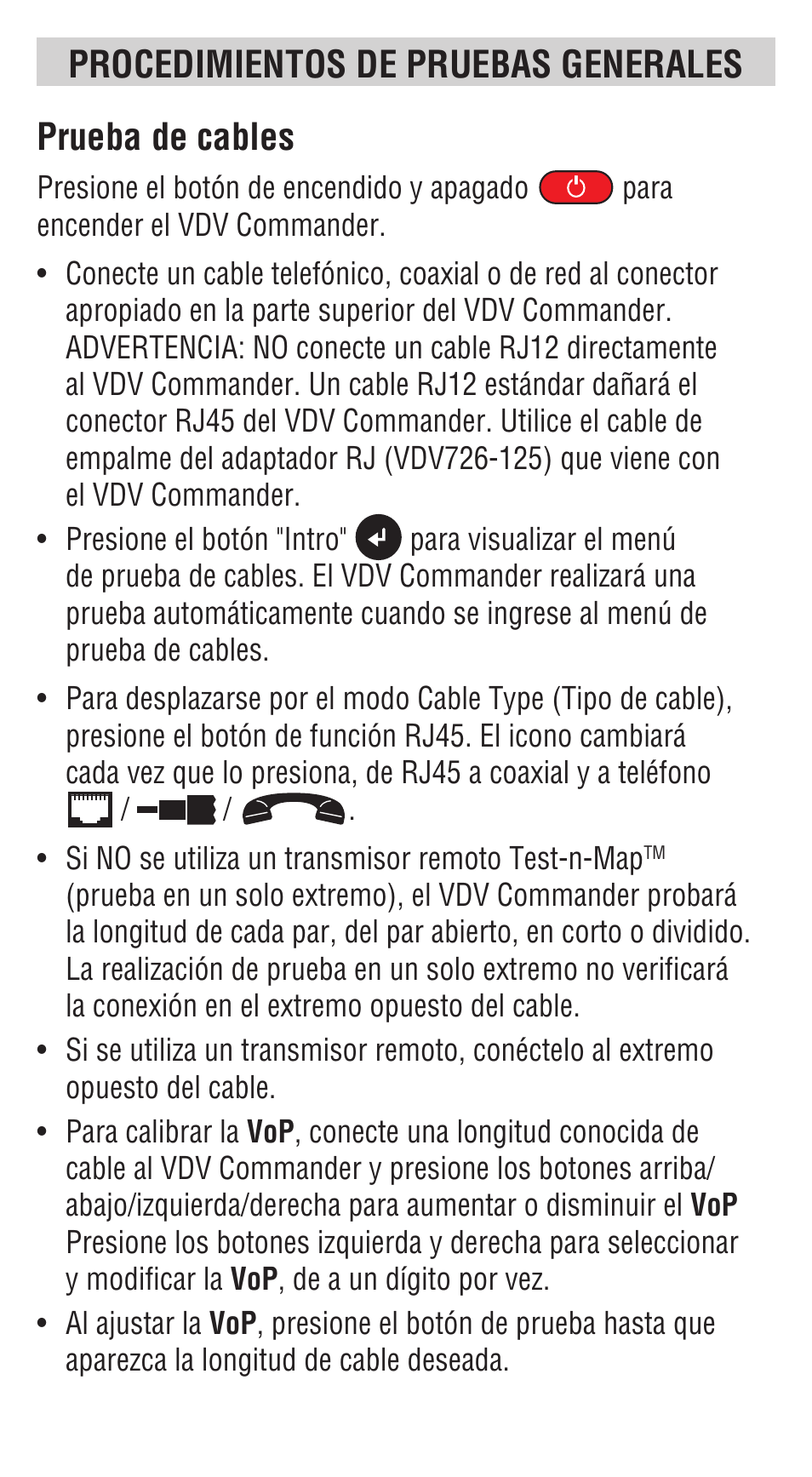 Prueba de cables, Procedimientos de pruebas generales | Klein Tools VDV501828 User Manual | Page 14 / 40