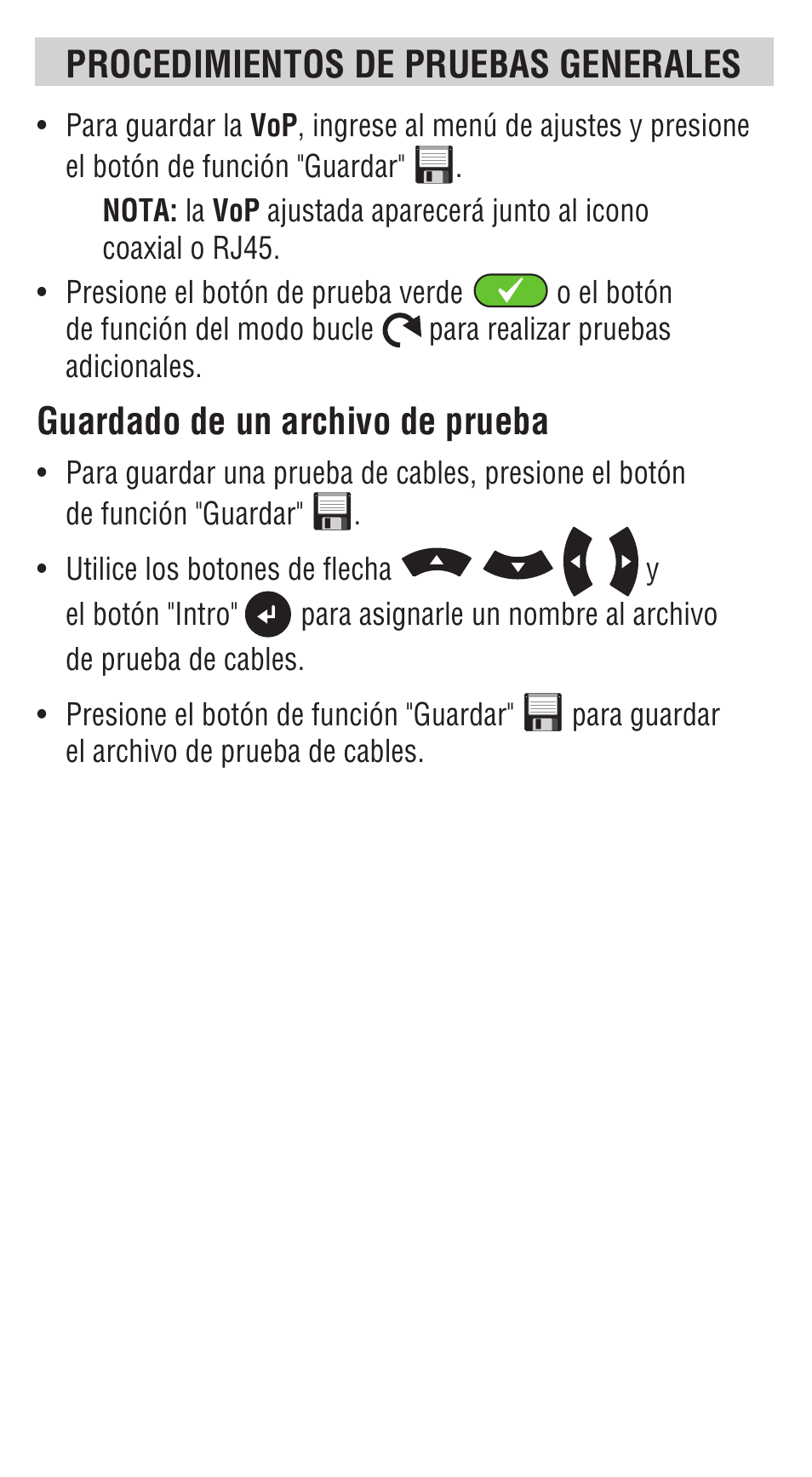 Guardado de un archivo de prueba, Procedimientos de pruebas generales | Klein Tools VDV501828 User Manual | Page 15 / 40
