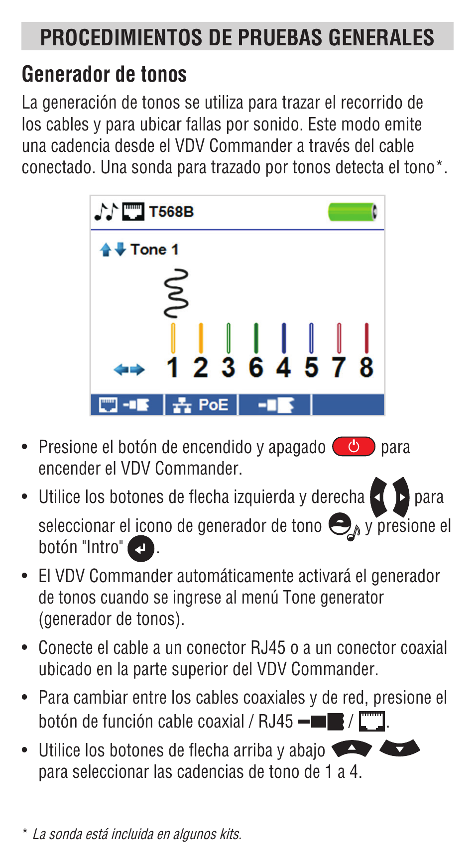 Procedimientos de pruebas generales, Generador de tonos | Klein Tools VDV501828 User Manual | Page 18 / 40