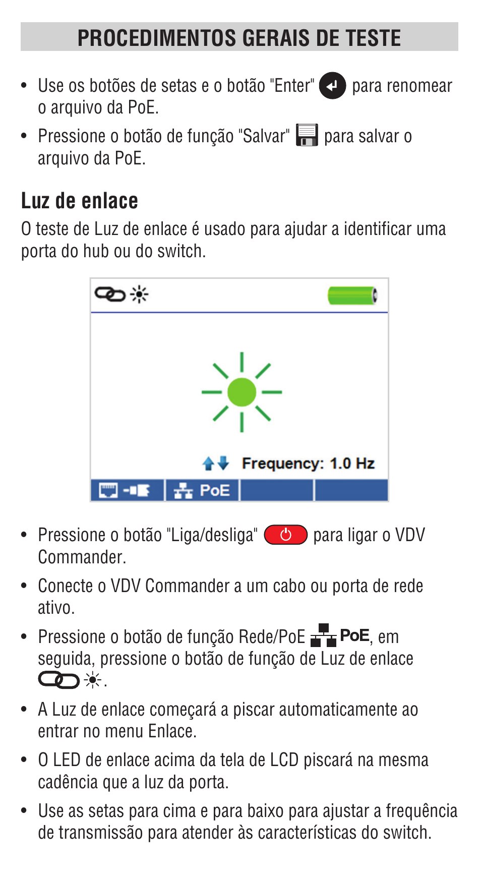 Procedimentos gerais de teste, Luz de enlace | Klein Tools VDV501828 User Manual | Page 27 / 40