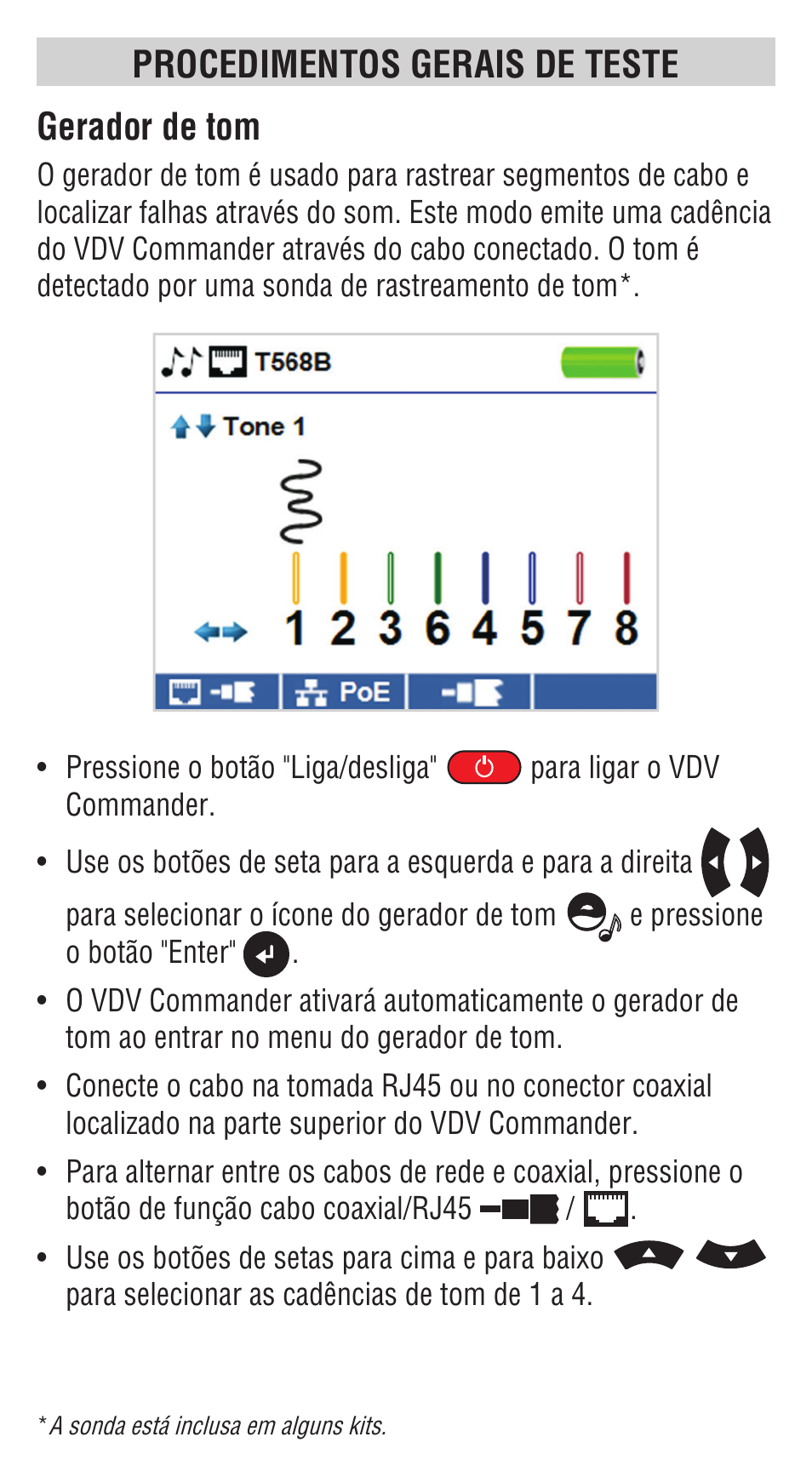 Procedimentos gerais de teste, Gerador de tom | Klein Tools VDV501828 User Manual | Page 28 / 40