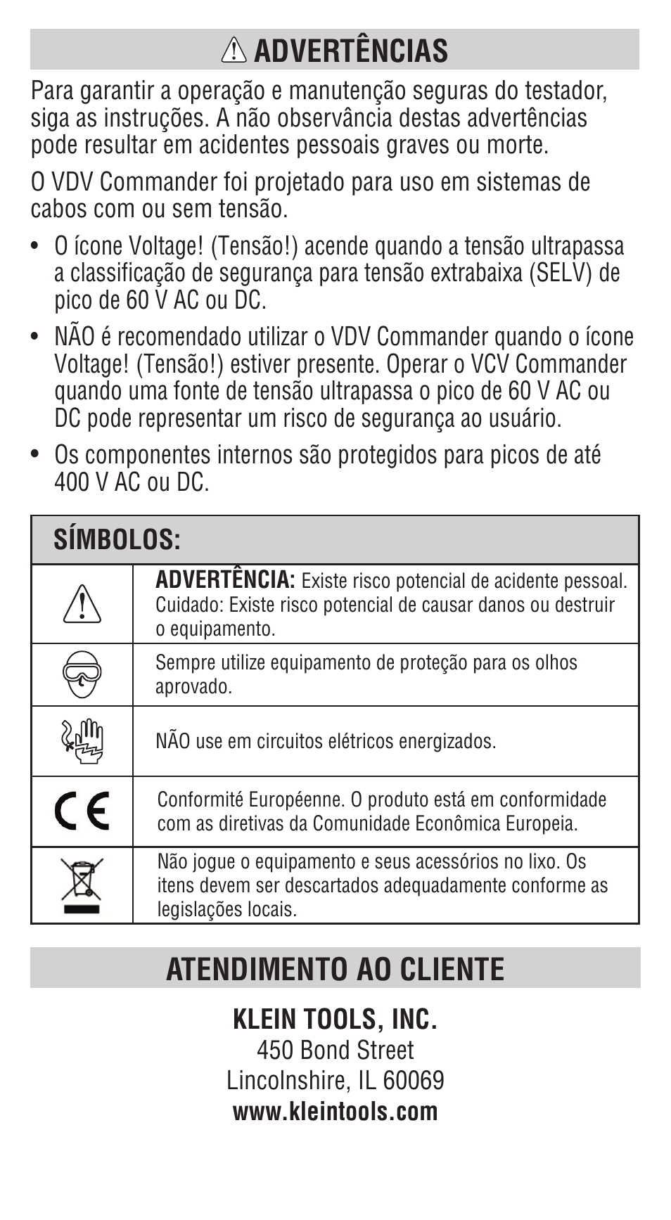 Atendimento ao cliente advertências | Klein Tools VDV501828 User Manual | Page 30 / 40