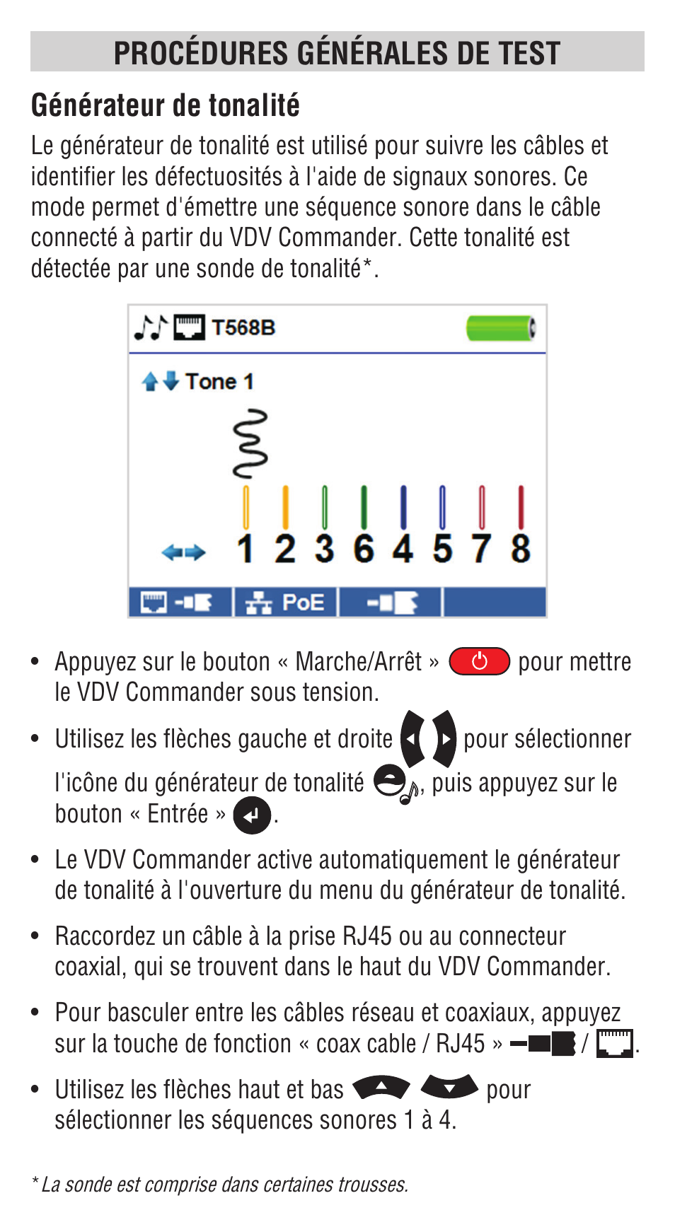 Procédures générales de test, Générateur de tonalité | Klein Tools VDV501828 User Manual | Page 38 / 40