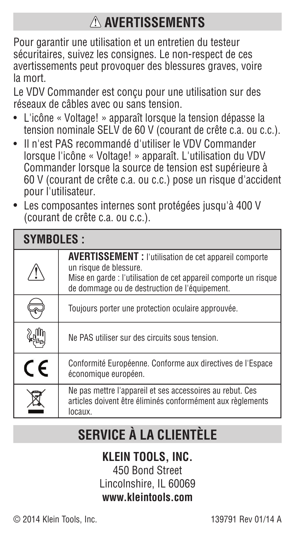 Service à la clientèle avertissements | Klein Tools VDV501828 User Manual | Page 40 / 40
