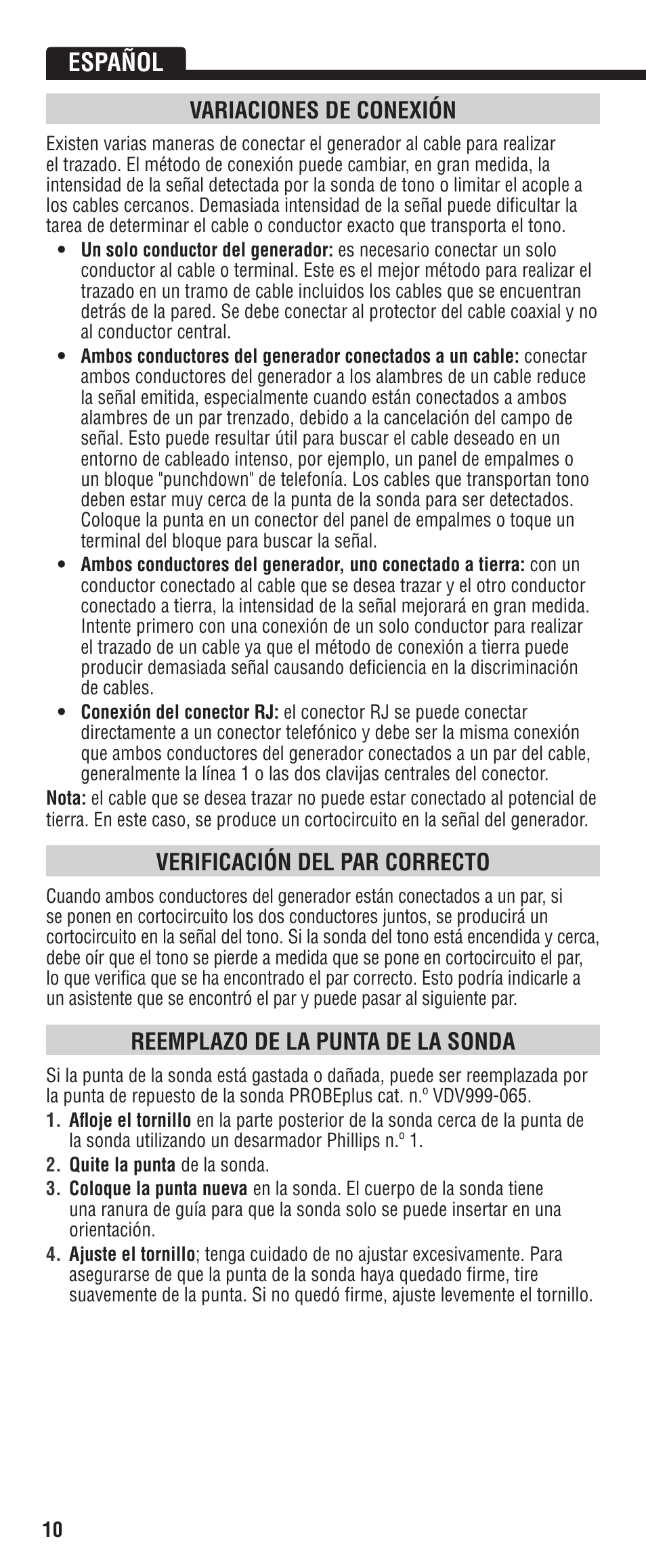 Español, Variaciones de conexión, Verificación del par correcto | Reemplazo de la punta de la sonda | Klein Tools VDV500-060 User Manual | Page 10 / 24