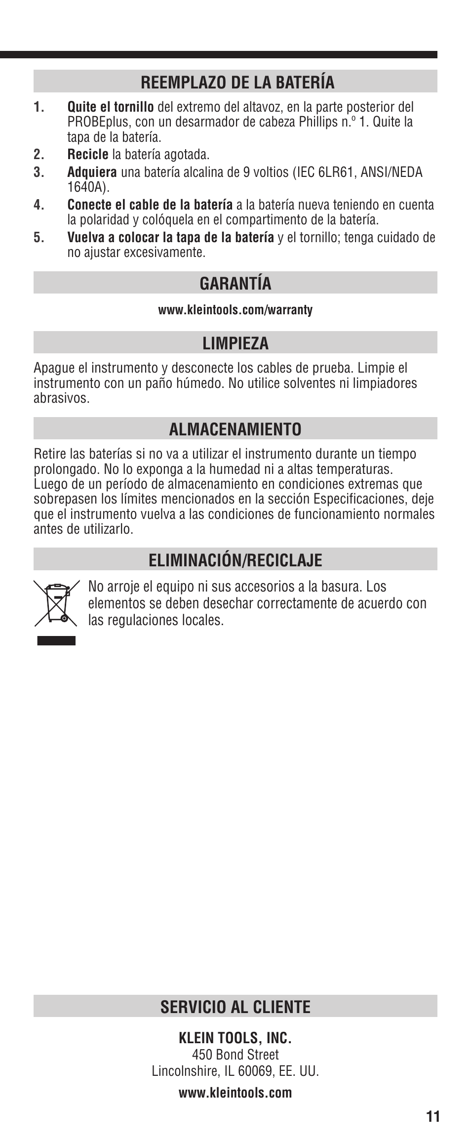 Servicio al cliente, Reemplazo de la batería, Garantía | Limpieza, Almacenamiento, Eliminación/reciclaje | Klein Tools VDV500-060 User Manual | Page 11 / 24