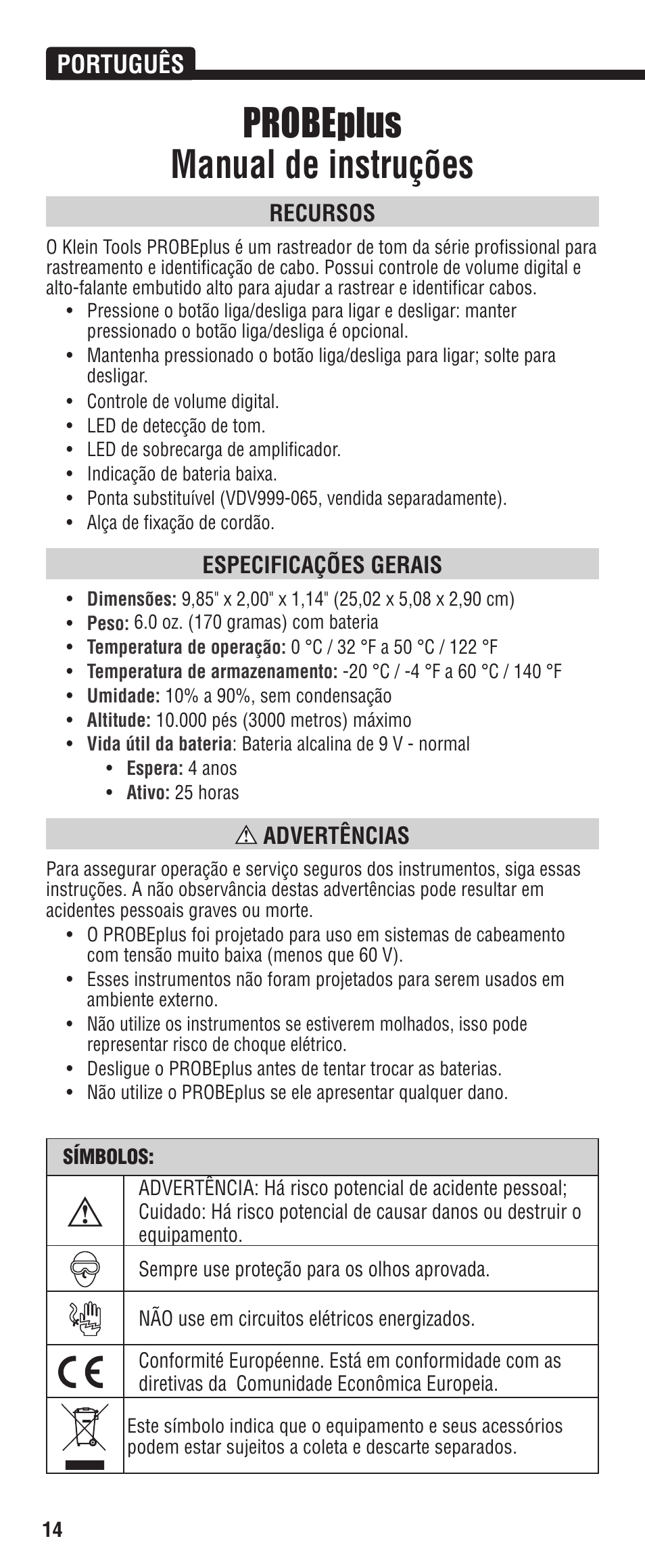 Probeplus manual de instruções, Português, Recursos | Especificações gerais, Advertências | Klein Tools VDV500-060 User Manual | Page 14 / 24