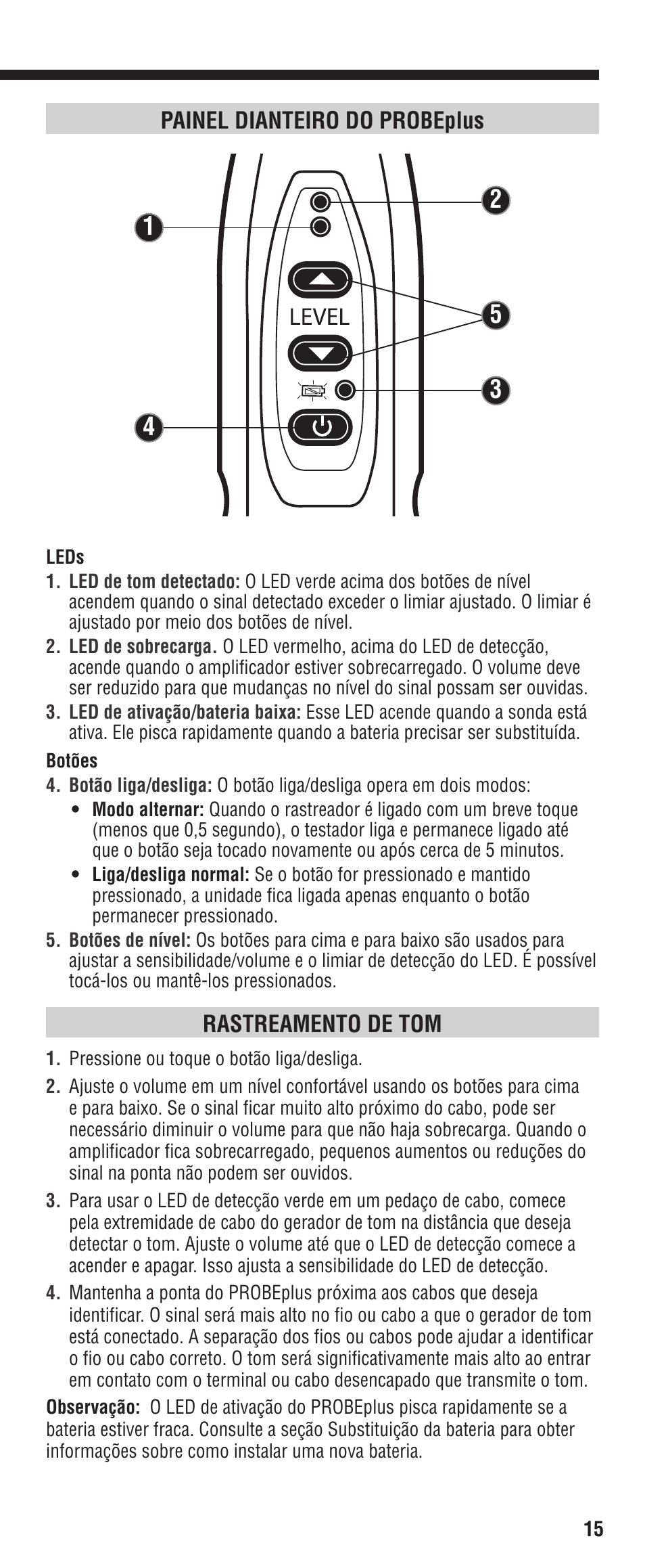 Painel dianteiro do probeplus, Rastreamento de tom | Klein Tools VDV500-060 User Manual | Page 15 / 24