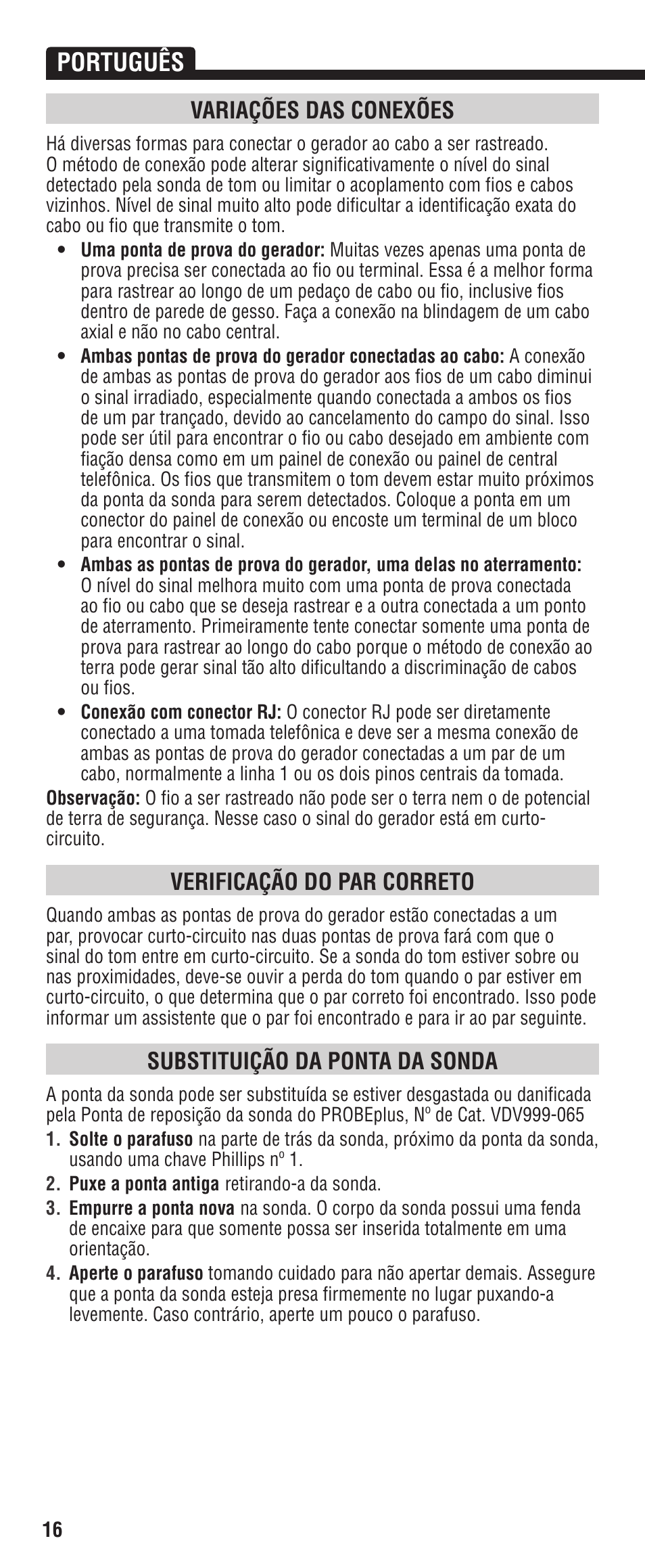 Português, Variações das conexões, Verificação do par correto | Substituição da ponta da sonda | Klein Tools VDV500-060 User Manual | Page 16 / 24