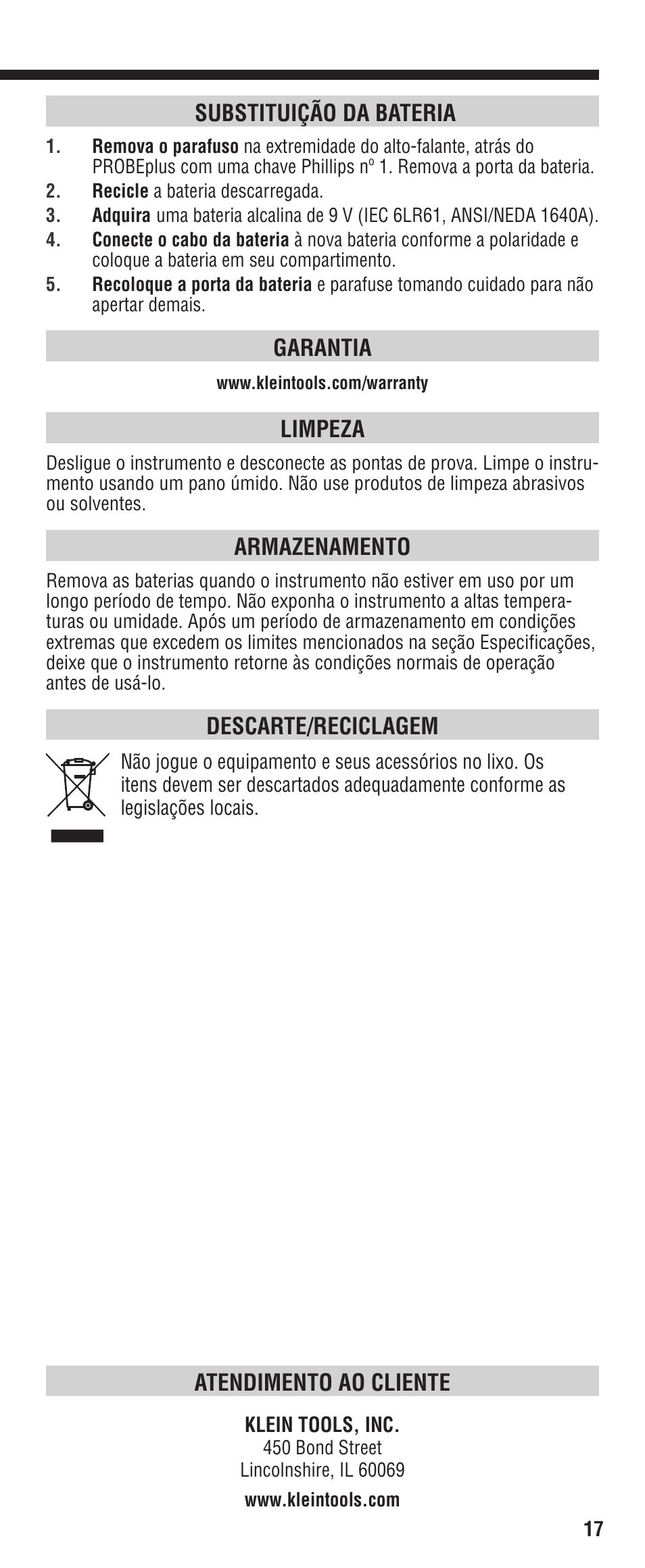 Atendimento ao cliente, Substituição da bateria, Garantia | Limpeza, Armazenamento, Descarte/reciclagem | Klein Tools VDV500-060 User Manual | Page 17 / 24