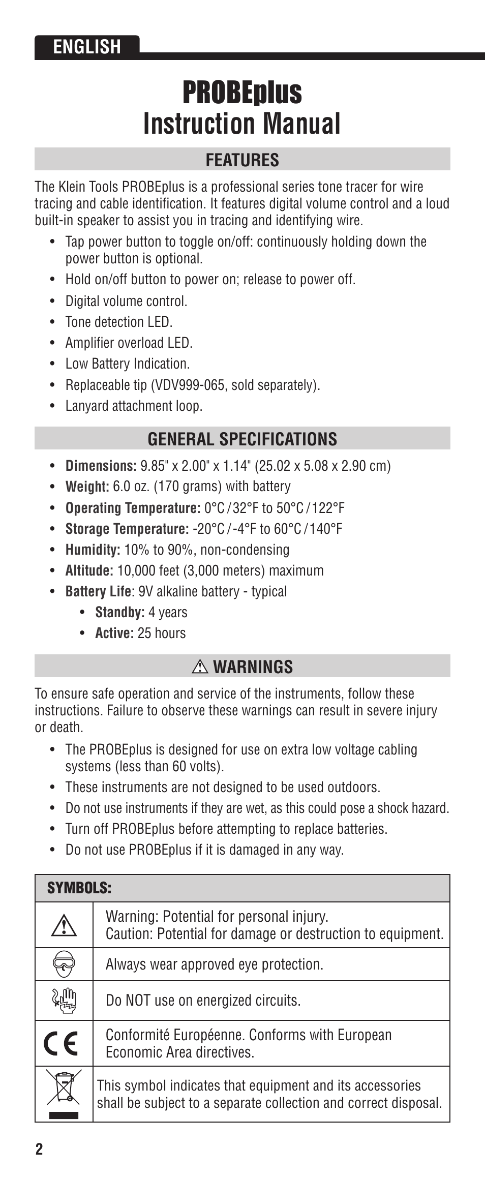Probeplus instruction manual, English, Features | General specifications, Warnings | Klein Tools VDV500-060 User Manual | Page 2 / 24