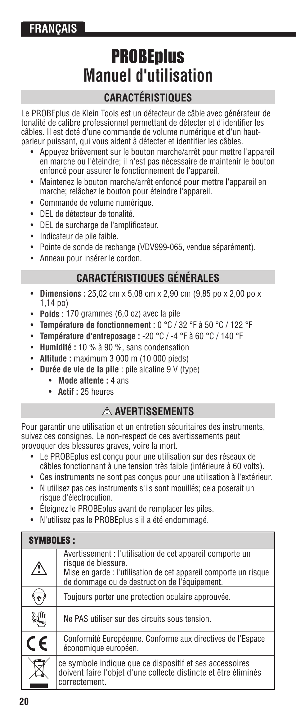 Probeplus manuel d'utilisation, Français, Caractéristiques | Caractéristiques générales, Avertissements | Klein Tools VDV500-060 User Manual | Page 20 / 24