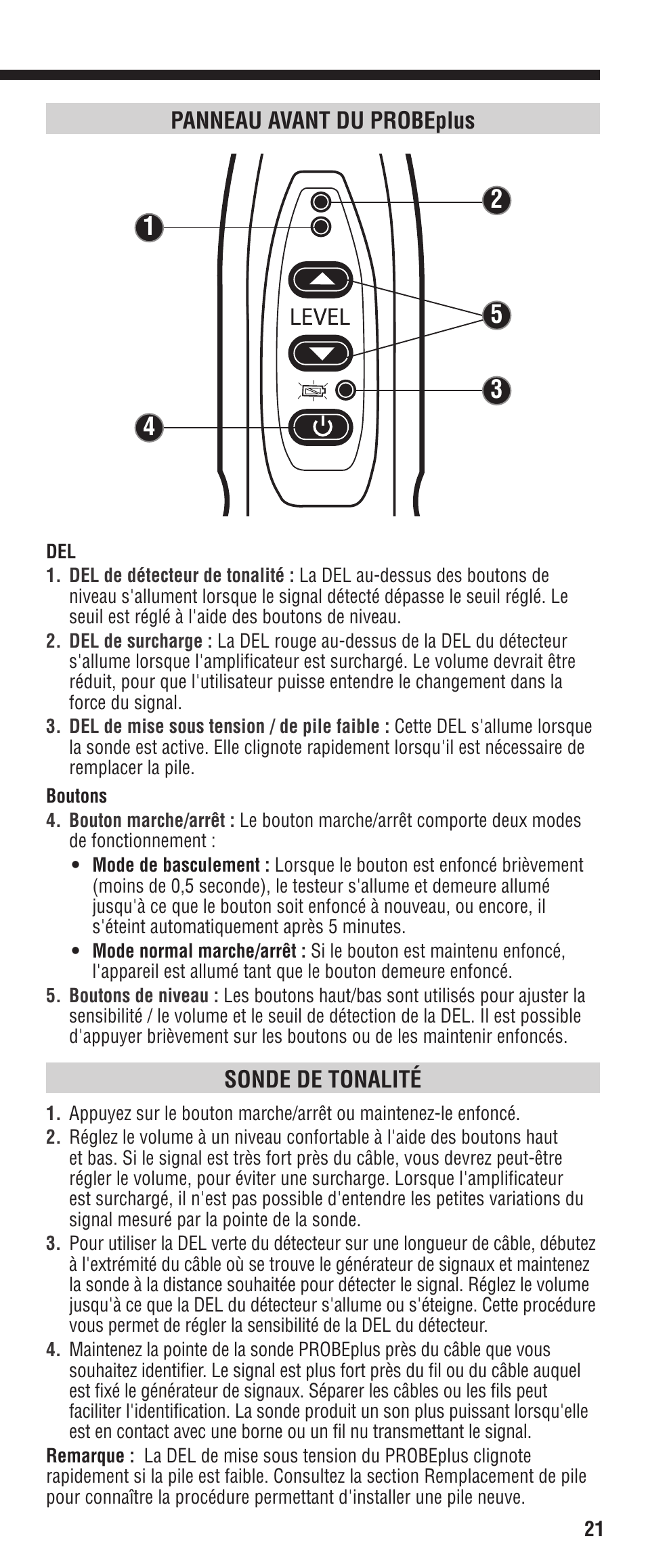 Panneau avant du probeplus, Sonde de tonalité | Klein Tools VDV500-060 User Manual | Page 21 / 24