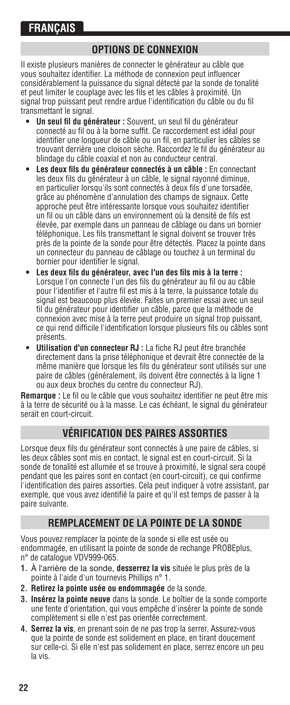 Français, Options de connexion, Vérification des paires assorties | Remplacement de la pointe de la sonde | Klein Tools VDV500-060 User Manual | Page 22 / 24