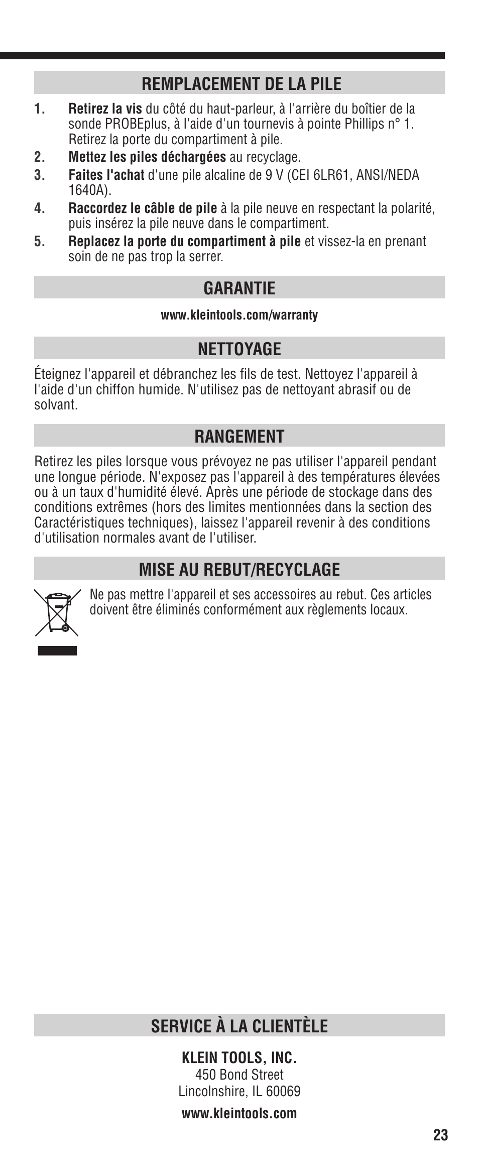 Service à la clientèle, Remplacement de la pile, Garantie | Nettoyage, Rangement, Mise au rebut/recyclage | Klein Tools VDV500-060 User Manual | Page 23 / 24