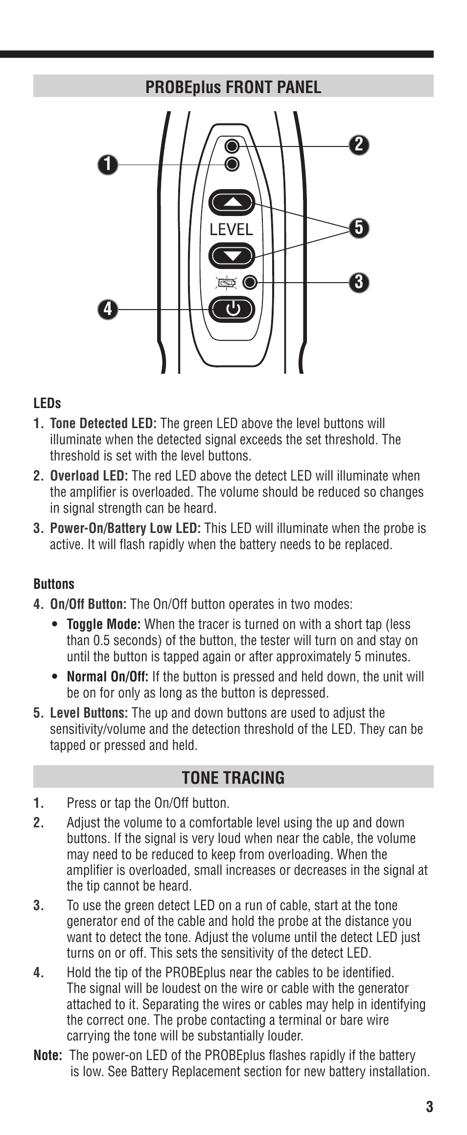Probeplus front panel, Tone tracing | Klein Tools VDV500-060 User Manual | Page 3 / 24