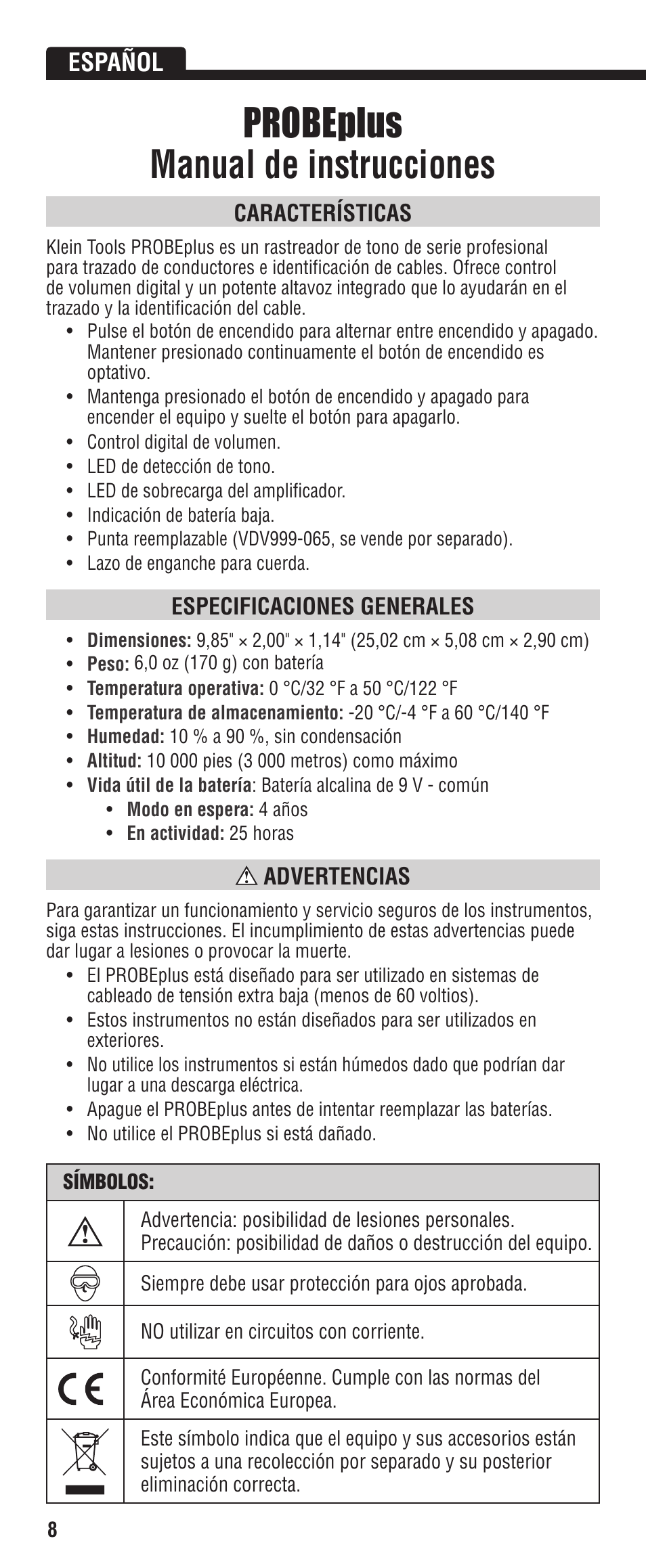 Probeplus manual de instrucciones, Español, Características | Especificaciones generales, Advertencias | Klein Tools VDV500-060 User Manual | Page 8 / 24