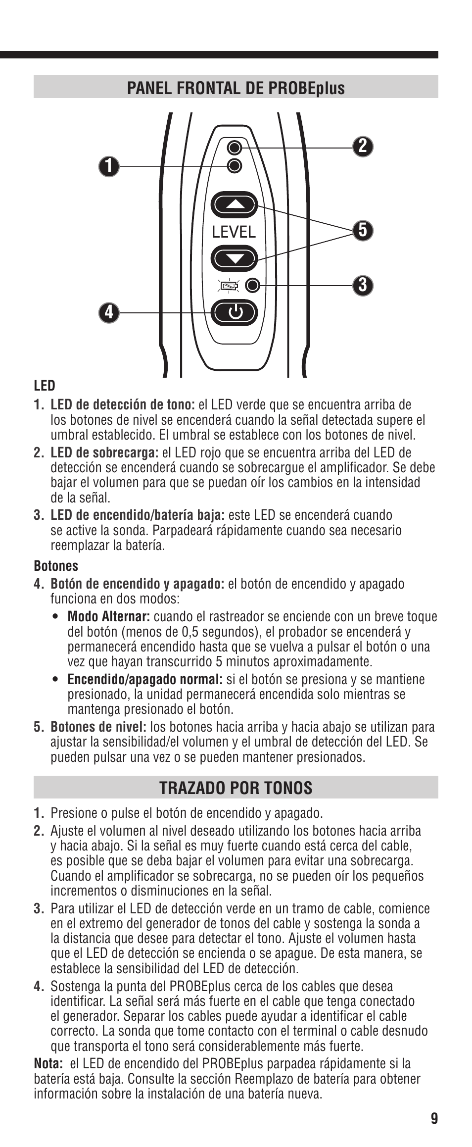 Panel frontal de probeplus, Trazado por tonos | Klein Tools VDV500-060 User Manual | Page 9 / 24