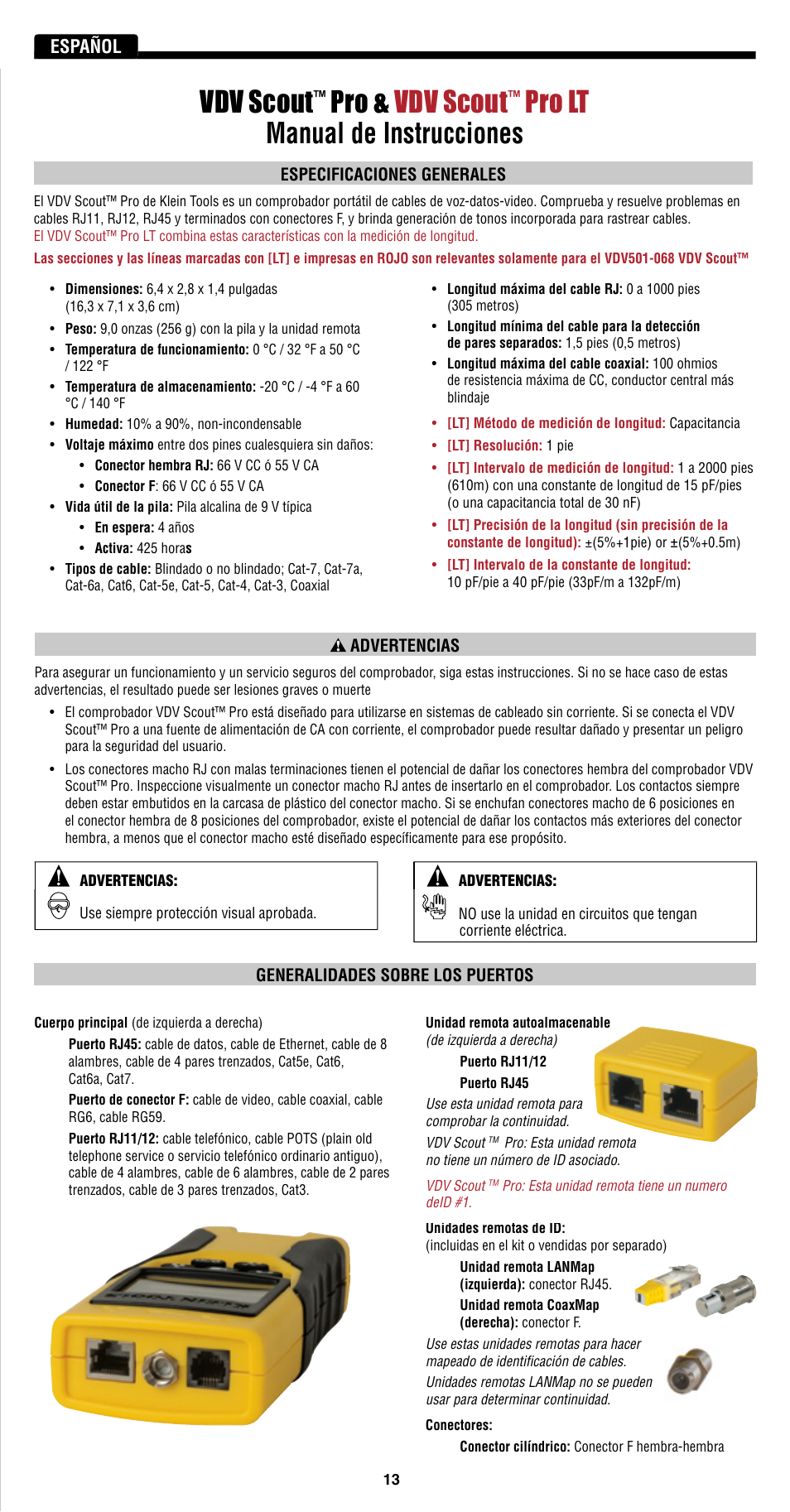 Vdv scout, Pro & vdv scout, Pro lt | Manual de instrucciones, Español | Klein Tools VDV501-814 User Manual | Page 13 / 36