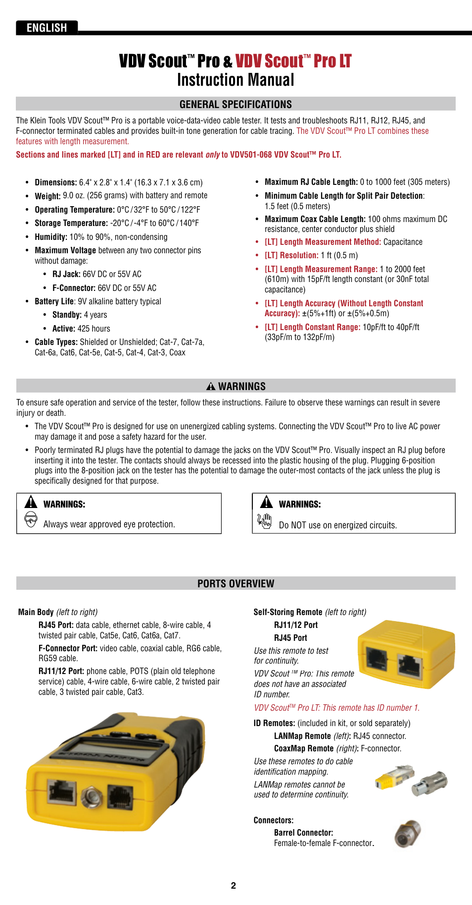 Vdv scout, Pro & vdv scout, Pro lt | Instruction manual, English | Klein Tools VDV501-814 User Manual | Page 2 / 36