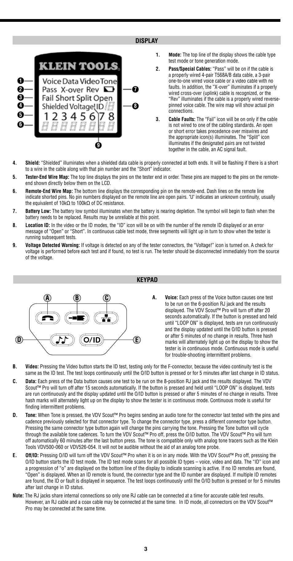 English, Ab c d e | Klein Tools VDV501-814 User Manual | Page 3 / 36