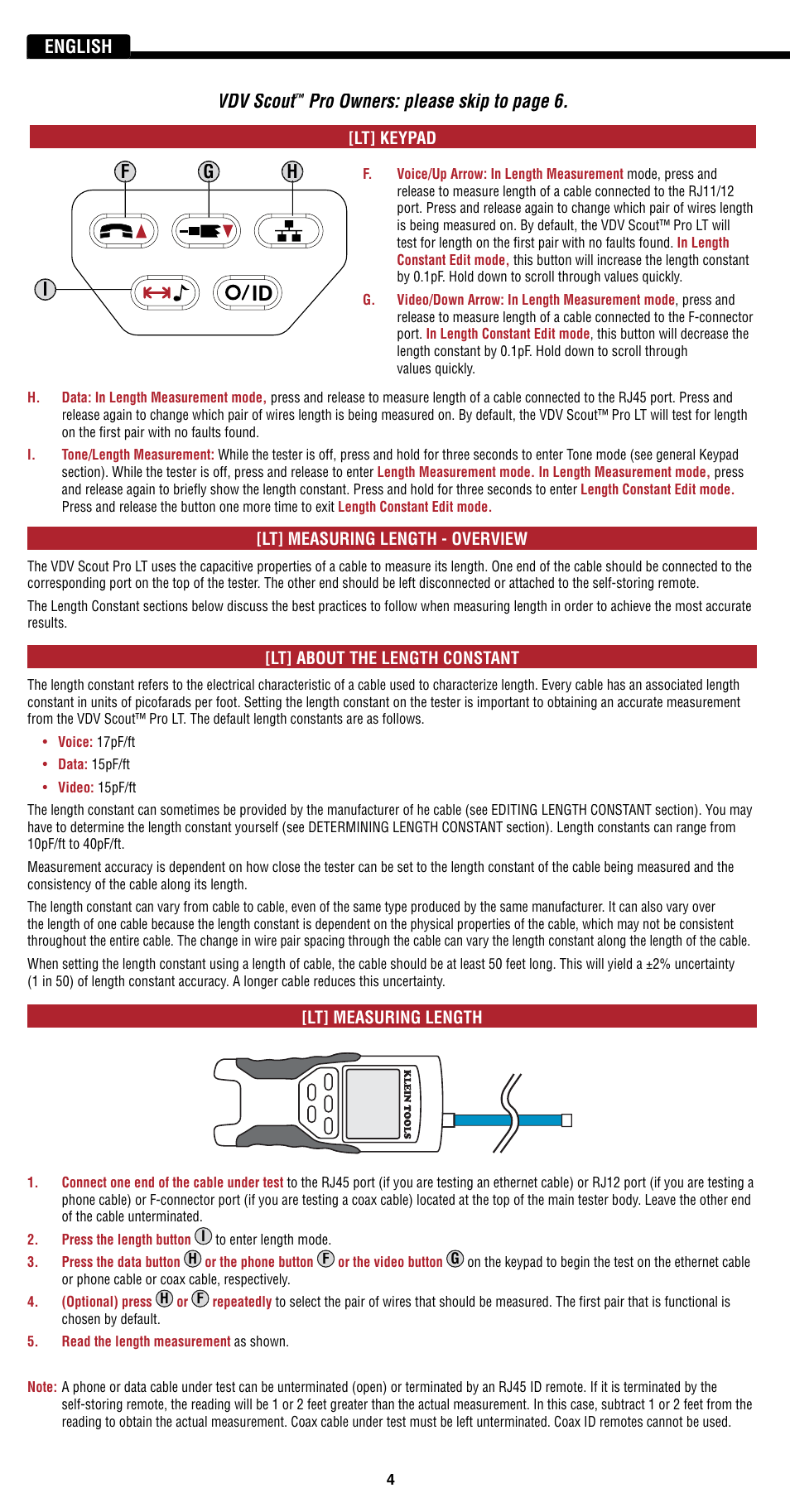 Vdv scout, English, Fg h i | Klein Tools VDV501-814 User Manual | Page 4 / 36