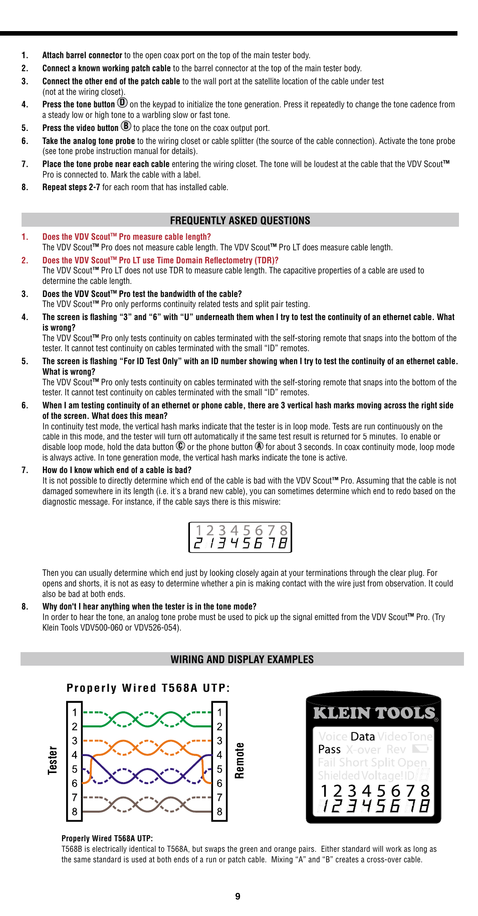 Tester remote, English, Properly wired t568a utp | Klein Tools VDV501-814 User Manual | Page 9 / 36