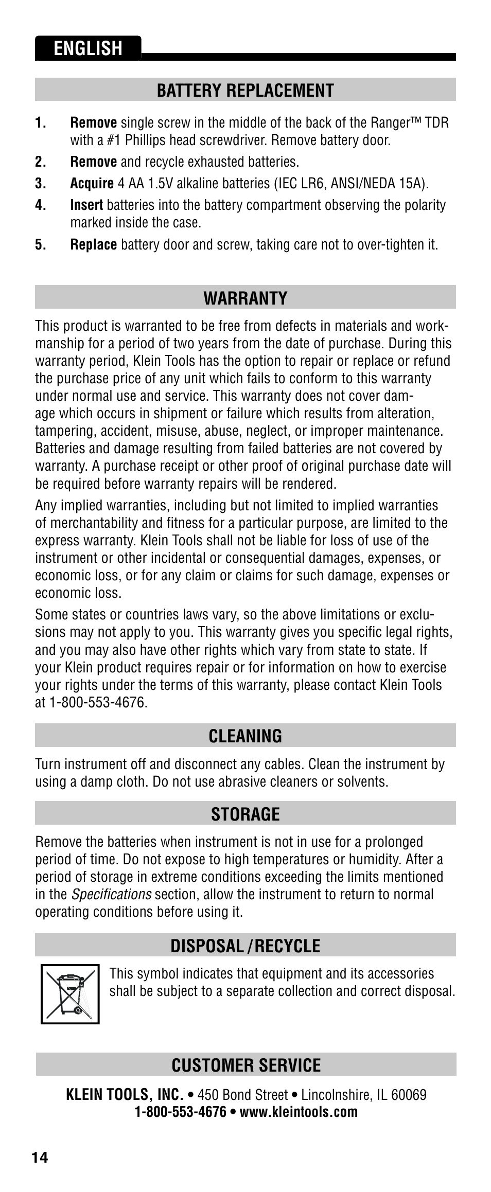 English, Battery replacement, Warranty | Cleaning, Storage, Disposal / recycle, Customer service | Klein Tools VDV501-090 User Manual | Page 14 / 44