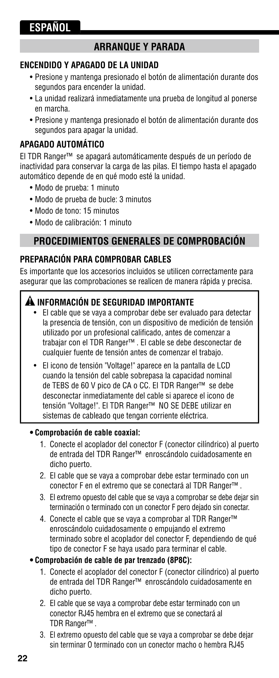 Español, Arranque y parada, Procedimientos generales de comprobación | Klein Tools VDV501-090 User Manual | Page 22 / 44