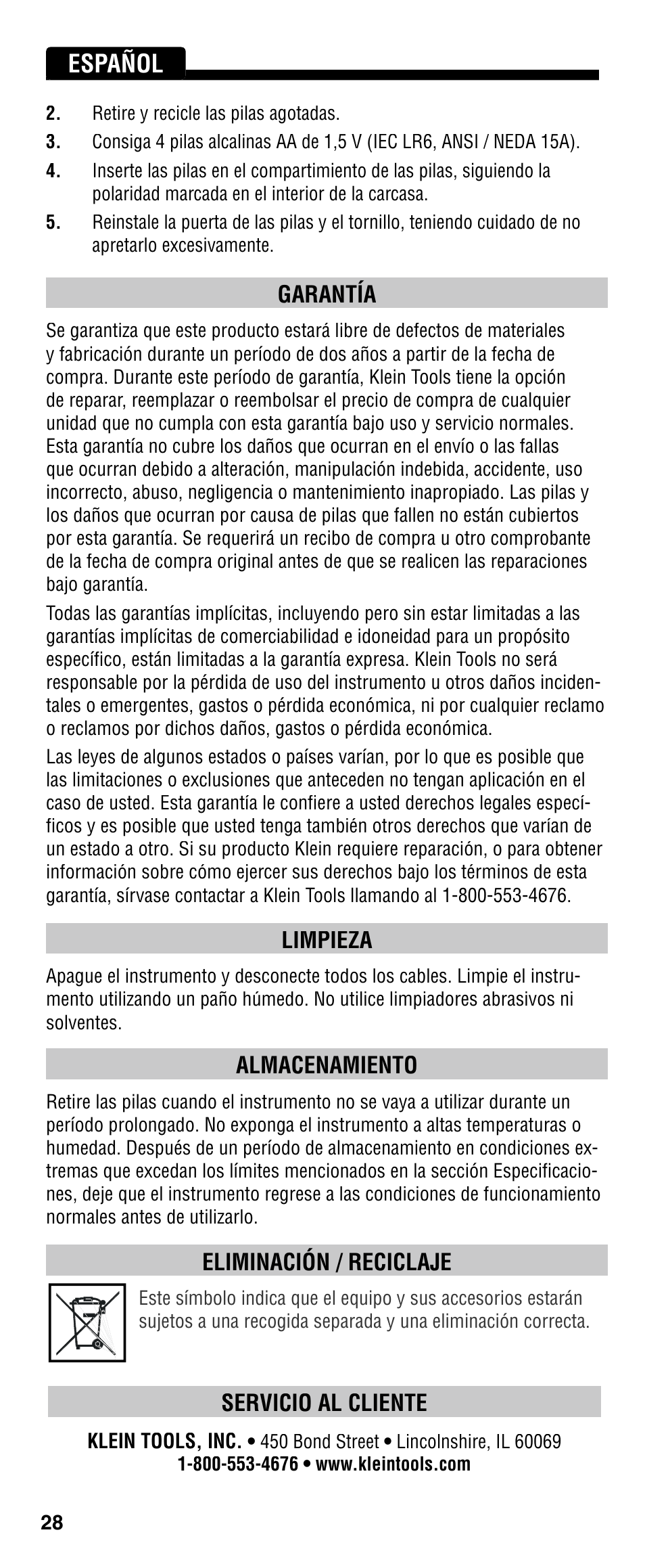 Español, Garantía, Limpieza | Almacenamiento, Eliminación / reciclaje, Servicio al cliente | Klein Tools VDV501-090 User Manual | Page 28 / 44