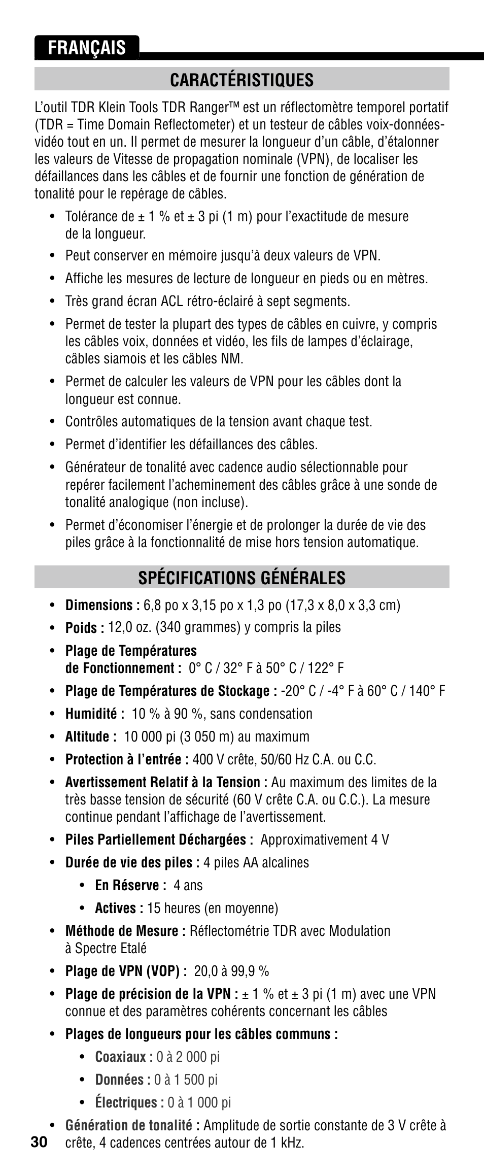 Français, Caractéristiques, Spécifications générales | Klein Tools VDV501-090 User Manual | Page 30 / 44