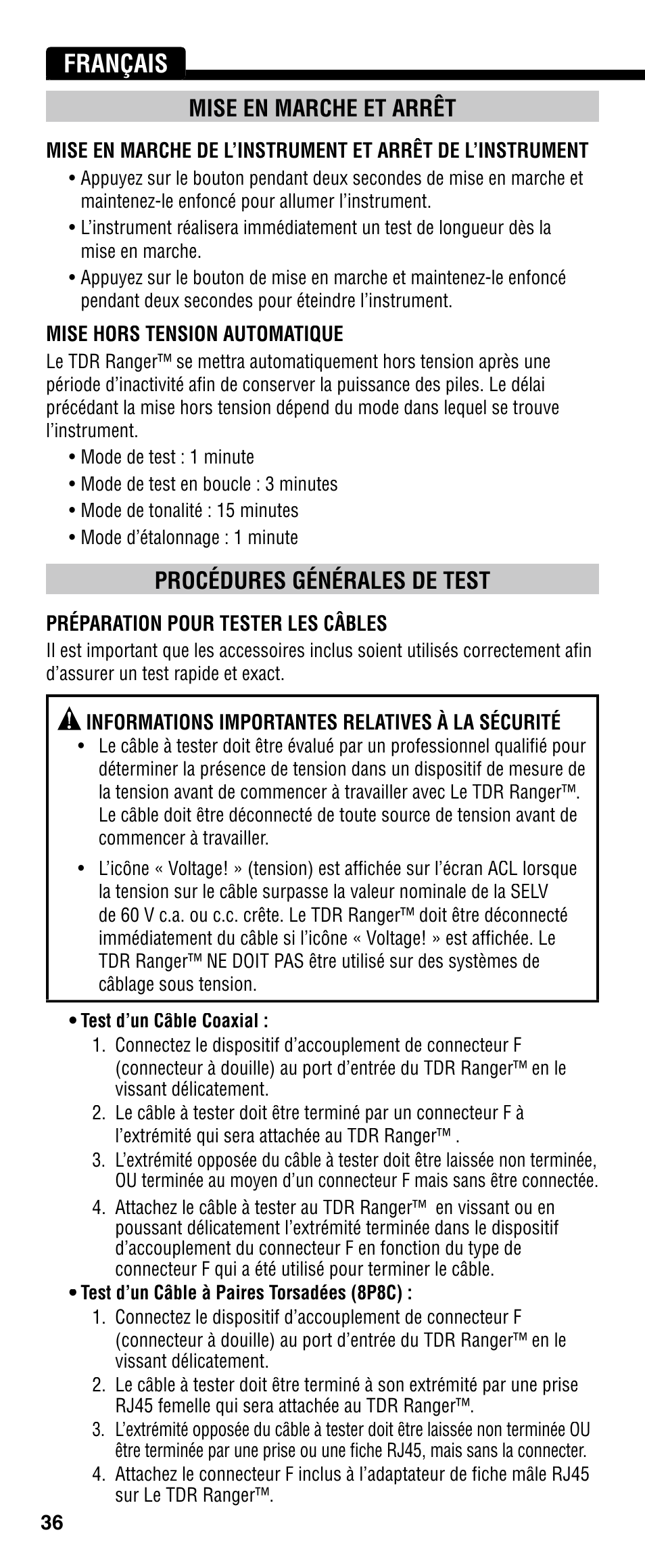 Français, Mise en marche et arrêt, Procédures générales de test | Klein Tools VDV501-090 User Manual | Page 36 / 44