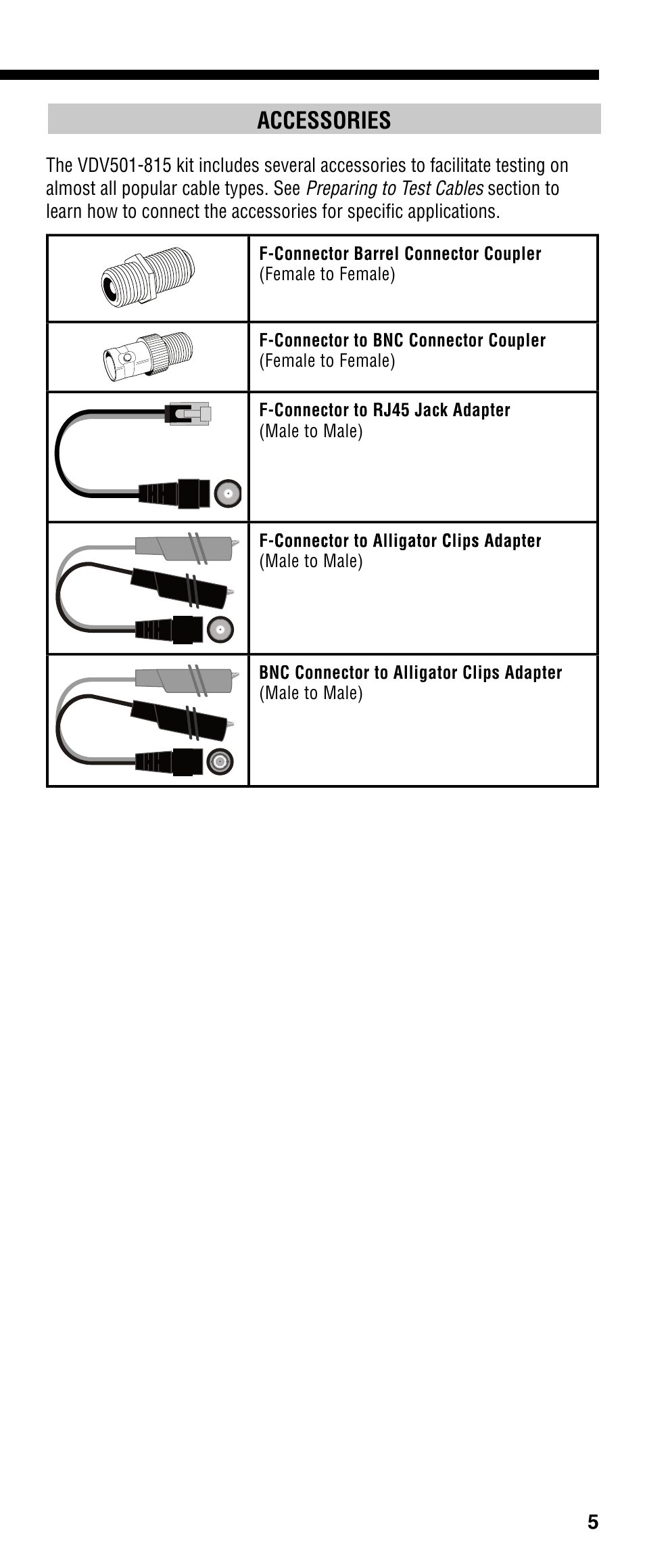 Accessories | Klein Tools VDV501-090 User Manual | Page 5 / 44