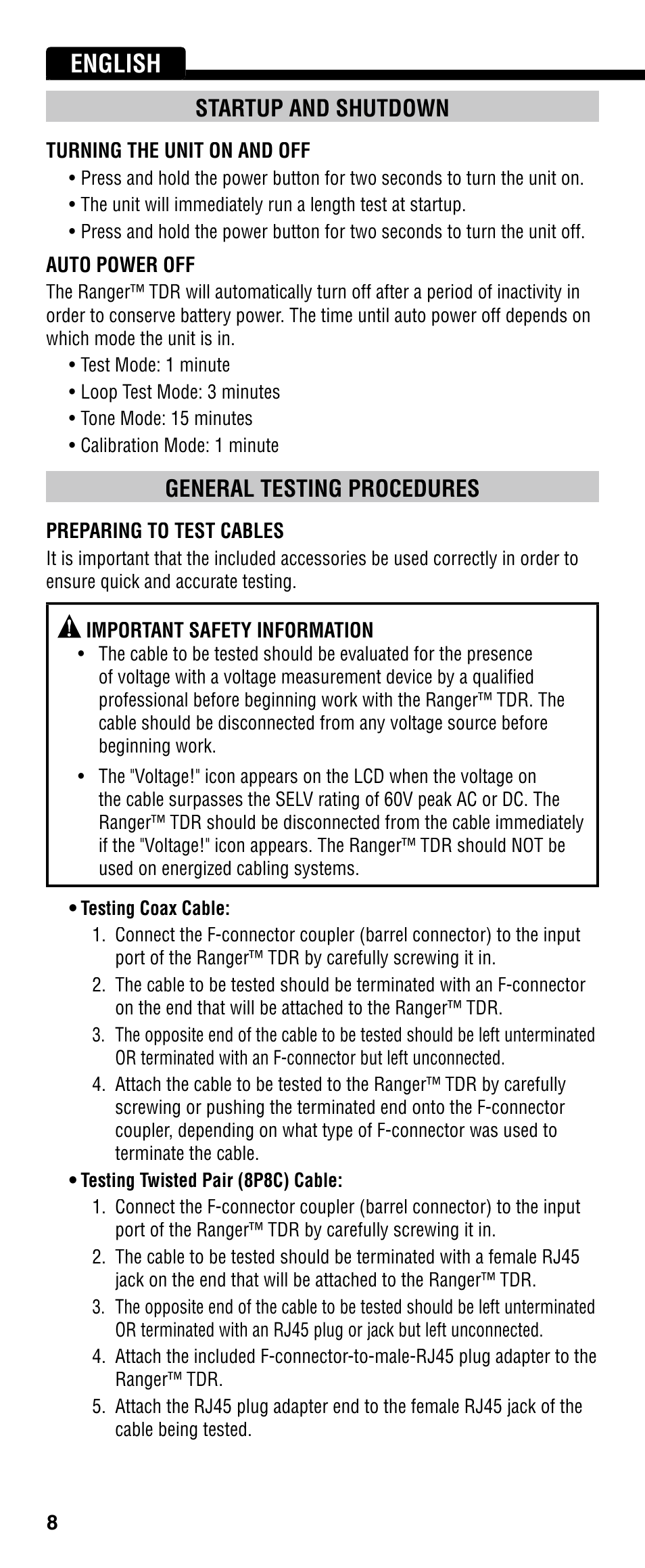 English, Startup and shutdown, General testing procedures | Klein Tools VDV501-090 User Manual | Page 8 / 44