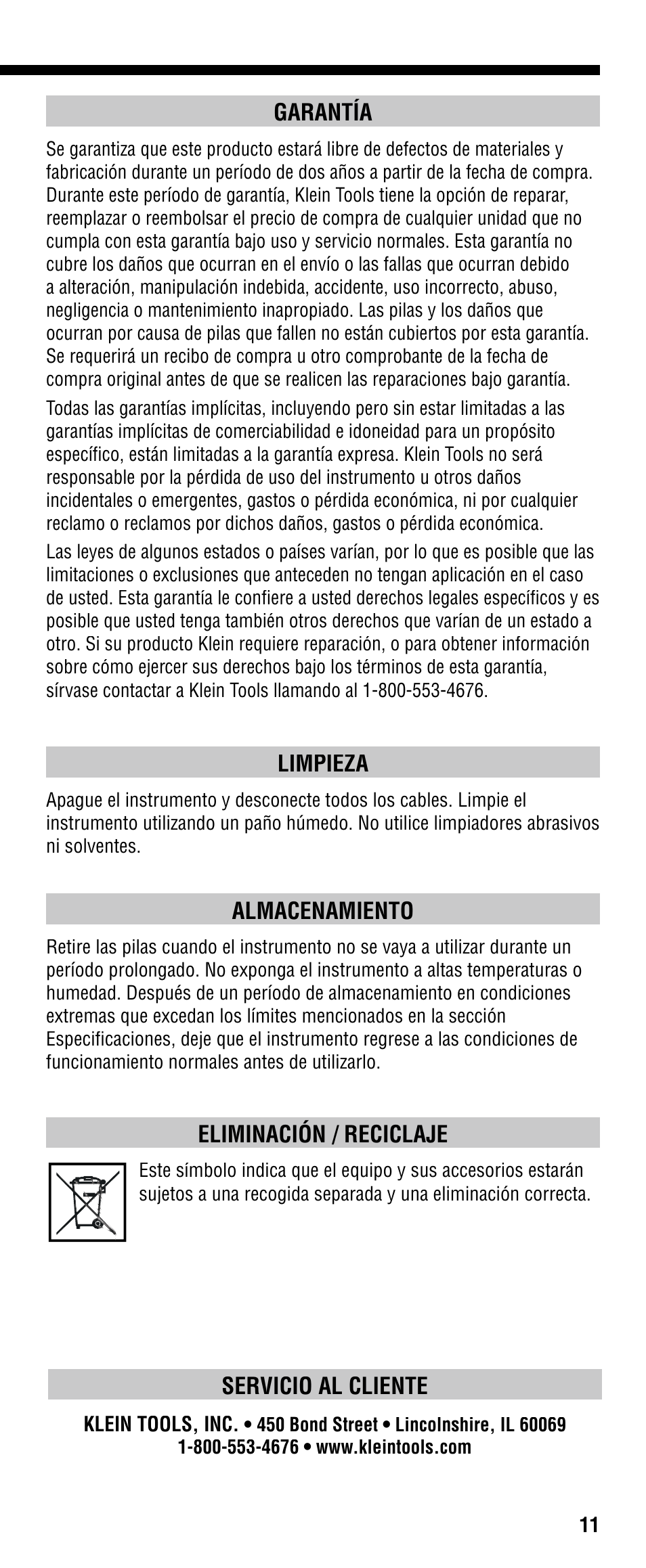 Garantía, Limpieza, Almacenamiento | Eliminación / reciclaje, Servicio al cliente | Klein Tools VDV501-089 User Manual | Page 11 / 20