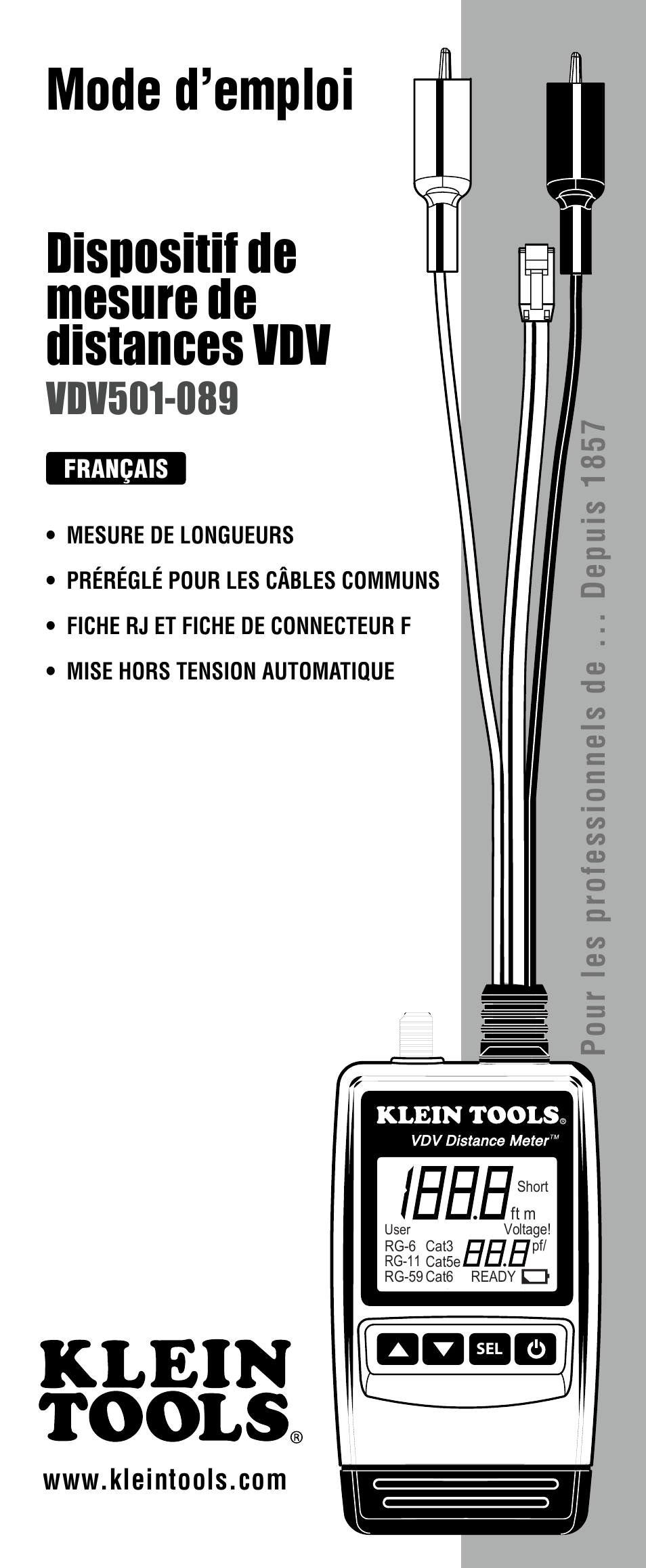 Mode d’emploi, Dispositif de mesure de distances vdv, Pour les professionnels de ... depuis 1857 | Klein Tools VDV501-089 User Manual | Page 12 / 20