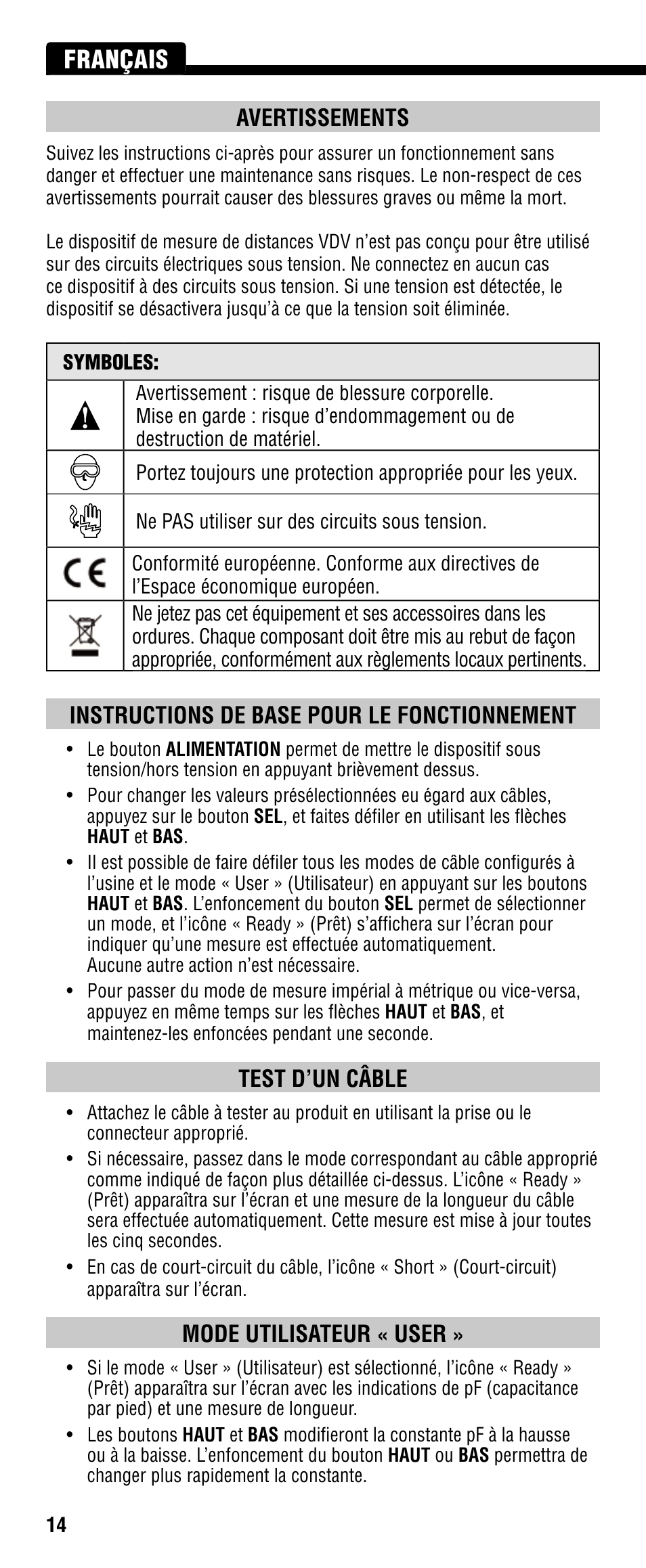 Français, Avertissements, Instructions de base pour le fonctionnement | Test d’un câble, Mode utilisateur « user | Klein Tools VDV501-089 User Manual | Page 14 / 20