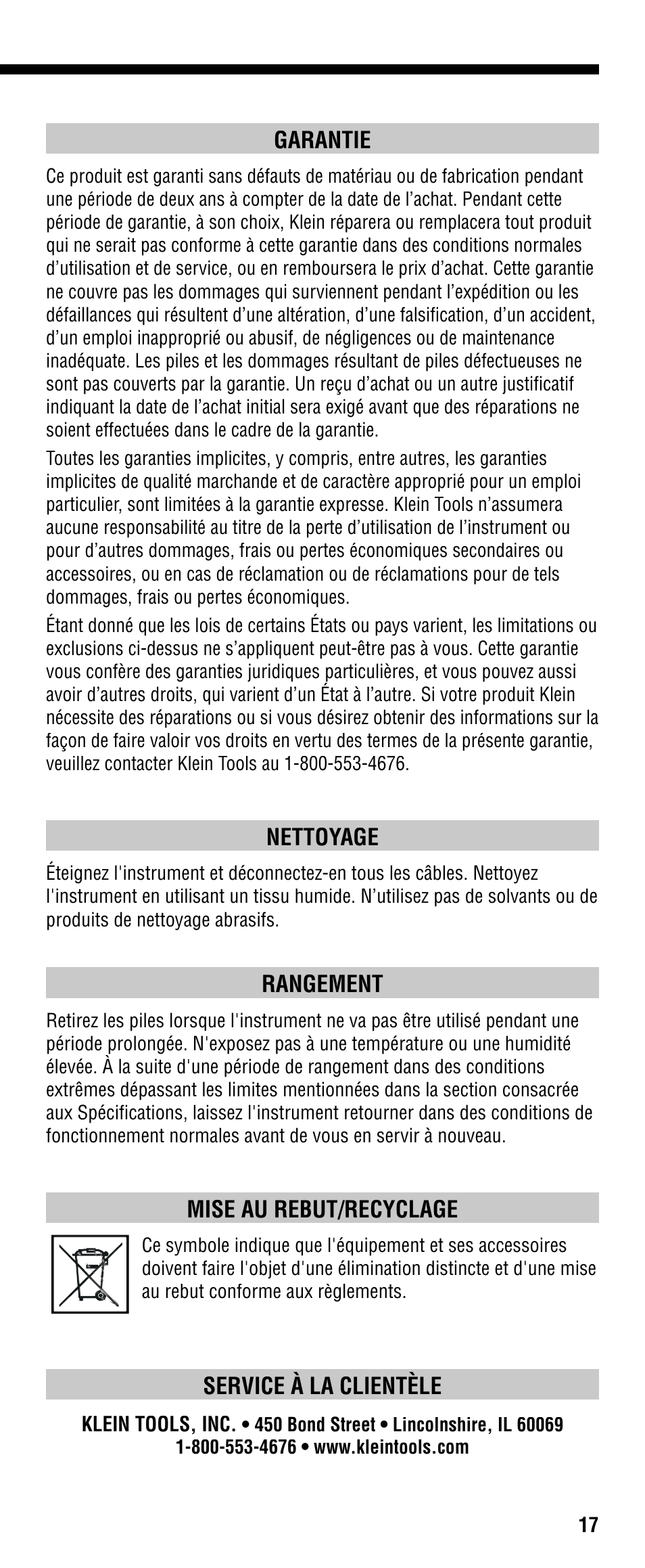 Garantie, Nettoyage, Rangement | Mise au rebut/recyclage, Service à la clientèle | Klein Tools VDV501-089 User Manual | Page 17 / 20
