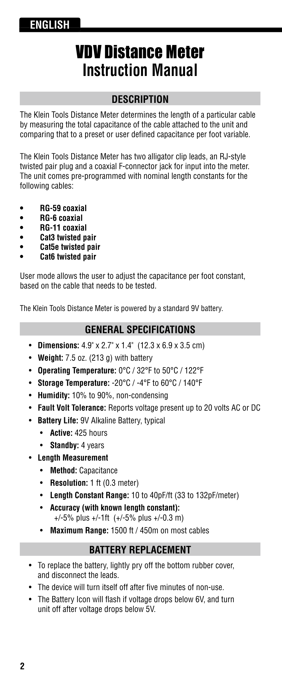 Vdv distance meter instruction manual, English | Klein Tools VDV501-089 User Manual | Page 2 / 20