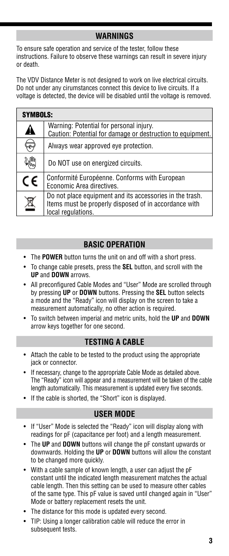 Warnings, Basic operation, Testing a cable | User mode | Klein Tools VDV501-089 User Manual | Page 3 / 20