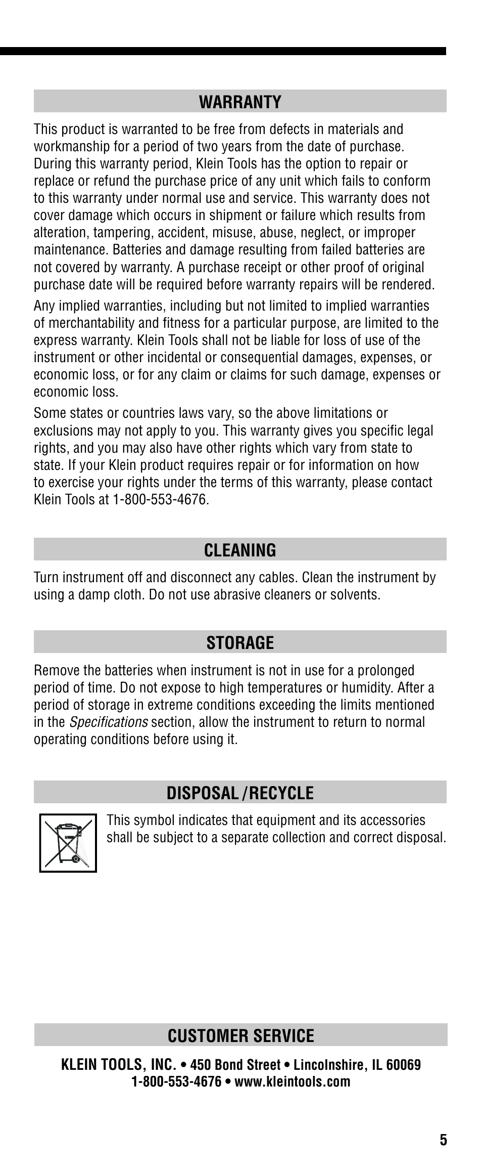 Warranty, Cleaning, Storage | Disposal / recycle, Customer service | Klein Tools VDV501-089 User Manual | Page 5 / 20