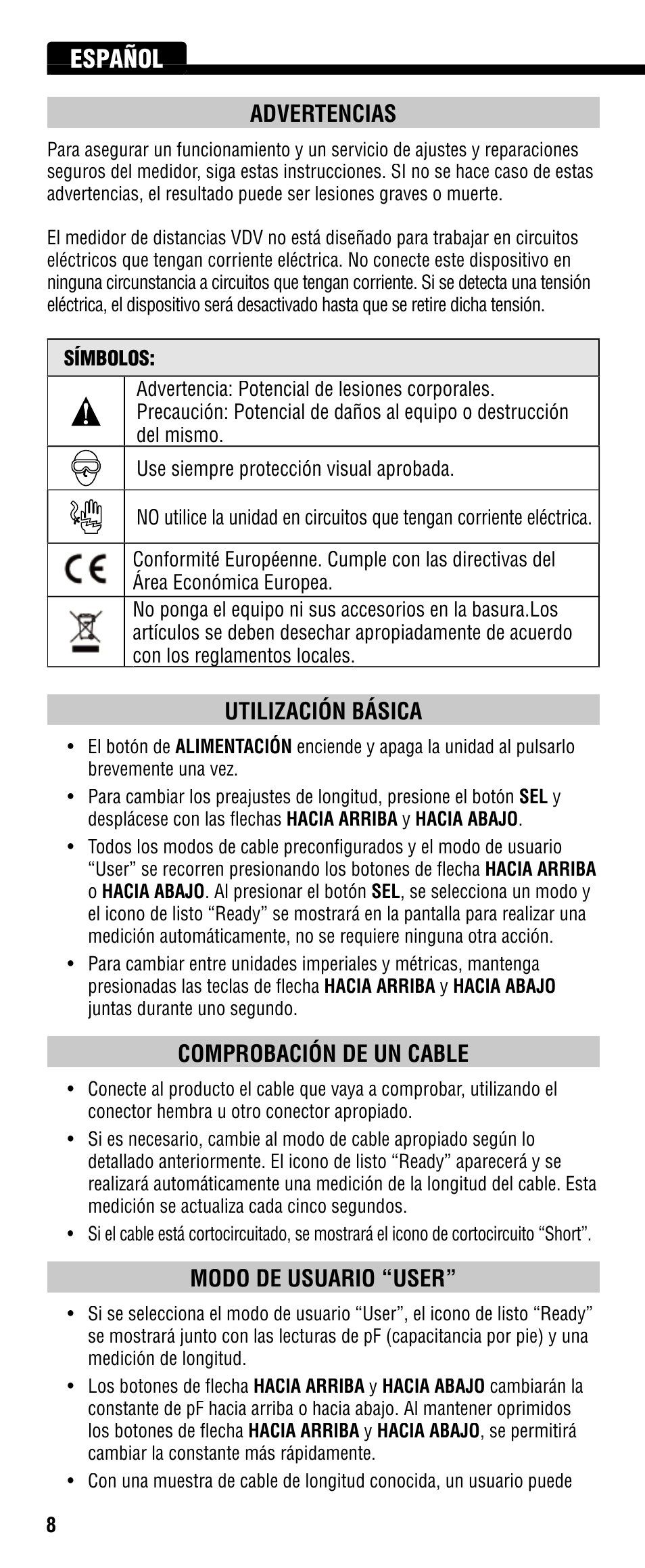 Español, Advertencias, Utilización básica | Comprobación de un cable, Modo de usuario “user | Klein Tools VDV501-089 User Manual | Page 8 / 20