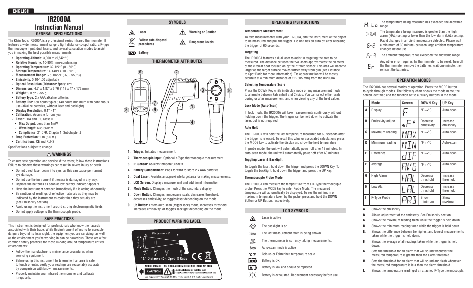 Ir2000a instruction manual | Klein Tools IR2000A User Manual | Page 2 / 12