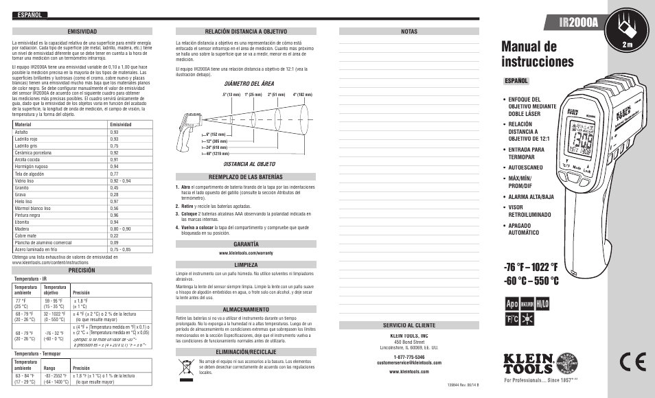 Manual de instrucciones, Ir 2000a | Klein Tools IR2000A User Manual | Page 3 / 12